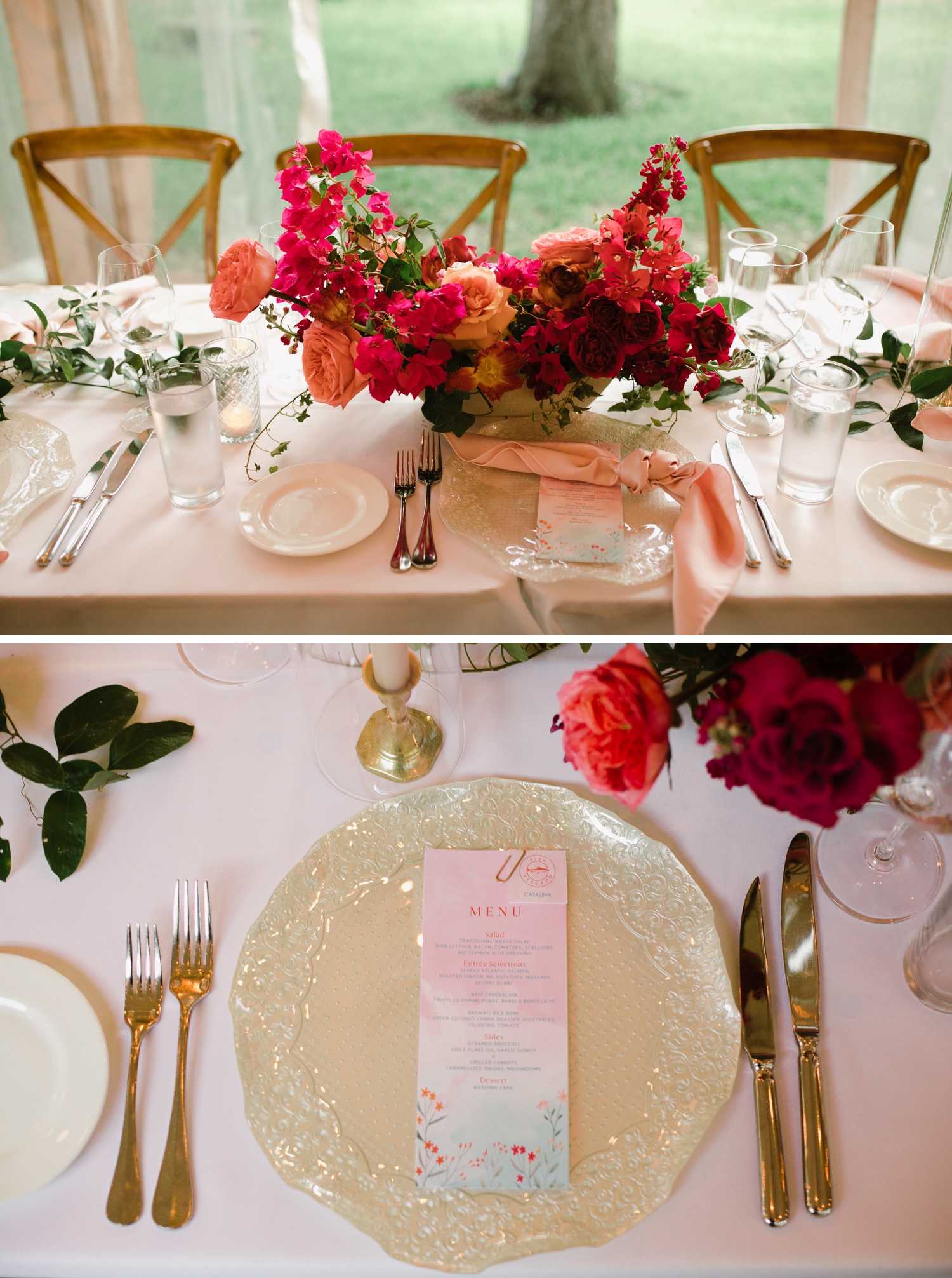 Bright pink flowers, string lights, and white taper candles for a patio reception