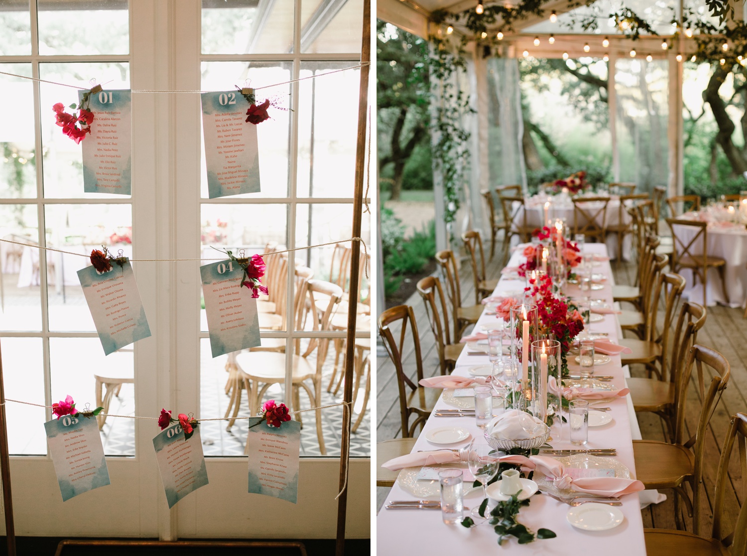 Bright pink flowers, string lights, and white taper candles for a patio reception