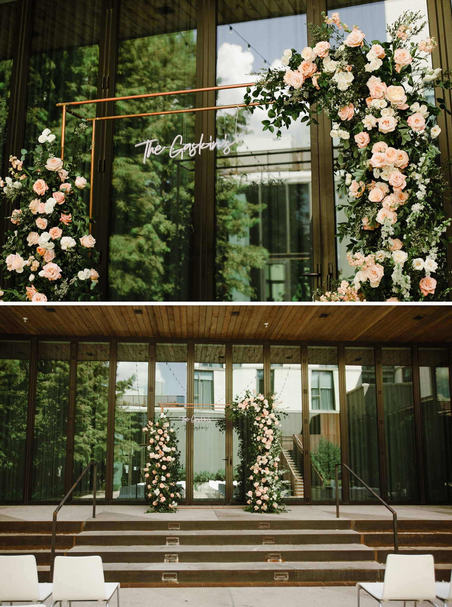 Rose gold arch with a neon sign of the couple's last name at their wedding ceremony