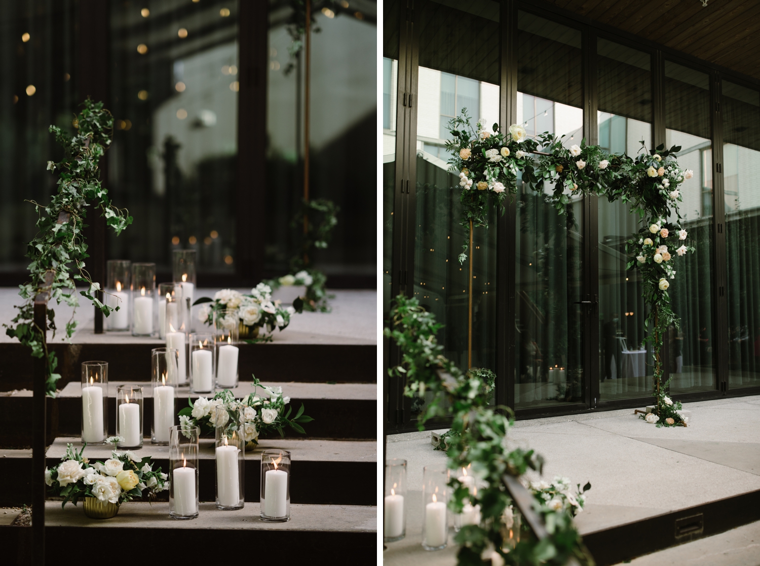 White pillar candles and greenery for a summer wedding ceremony