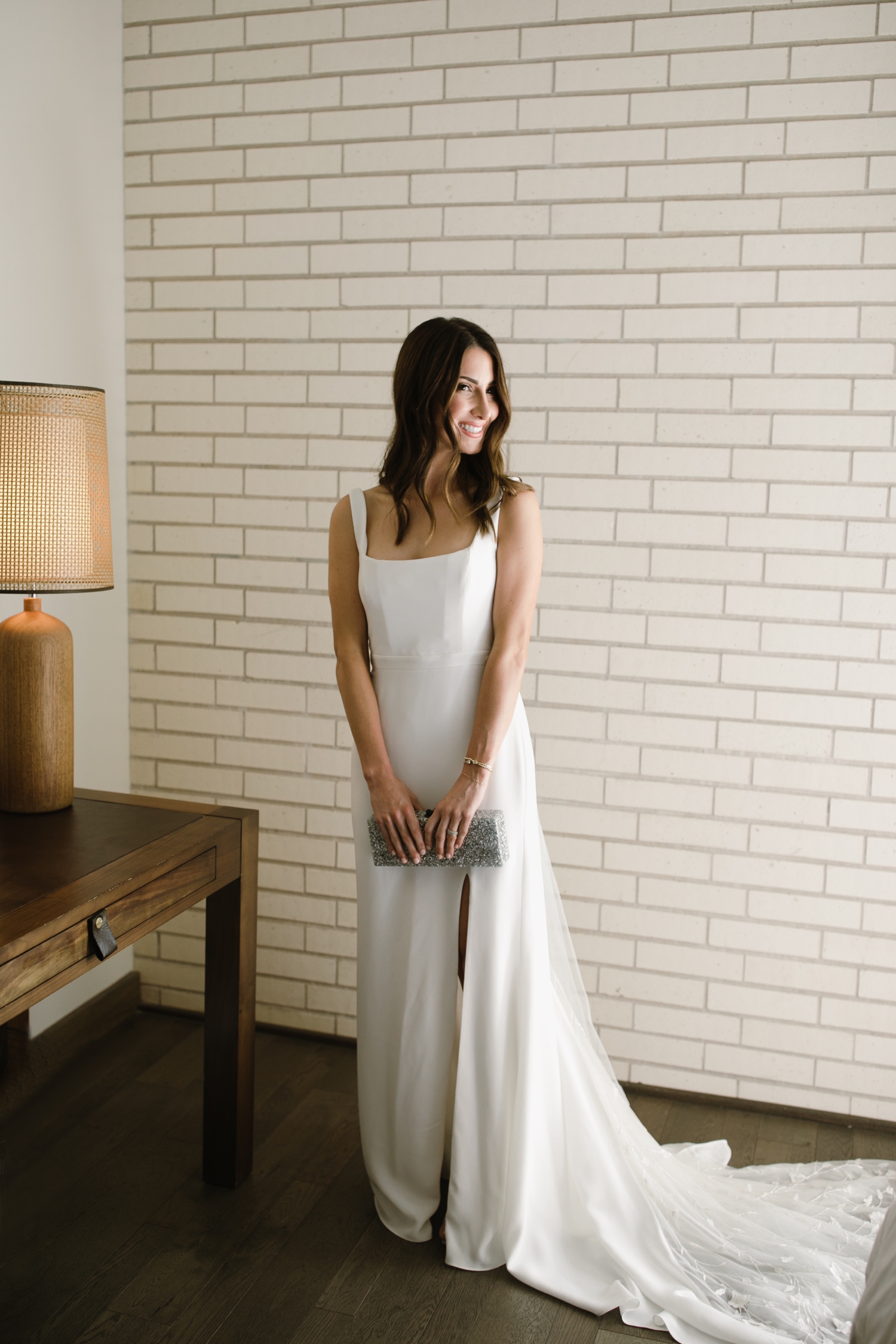 Bride in a modern square-neck bridal gown