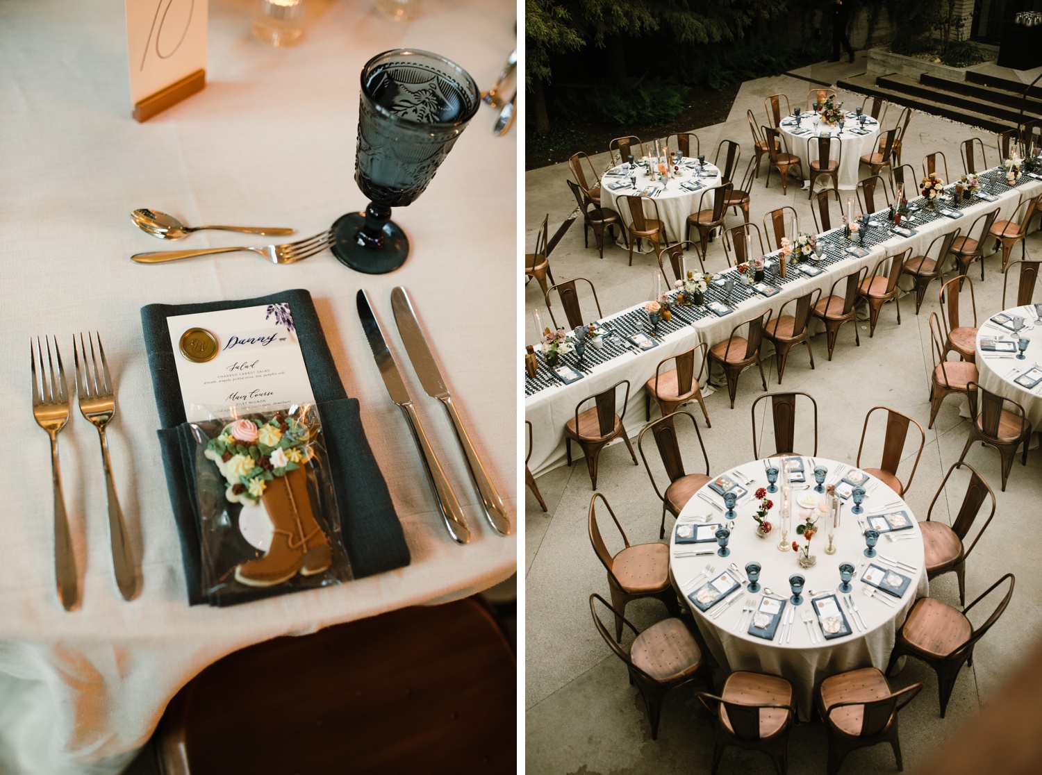 Copper cafe seating and turquoise linen napkins for an autumn reception at South Congress Hotel