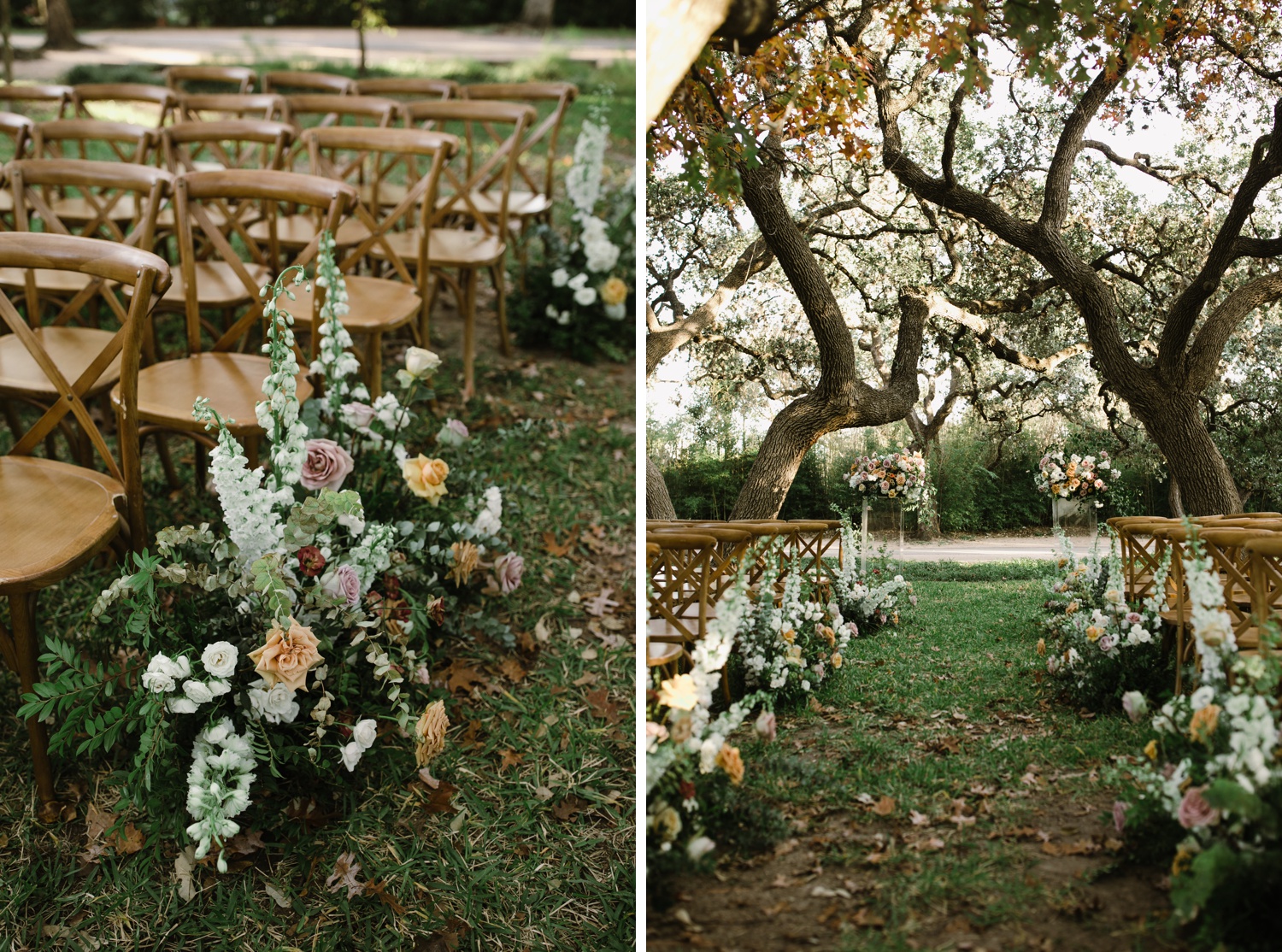 Outdoor wedding ceremony featuring wooden cafe chairs and floral installations underneath live oak trees