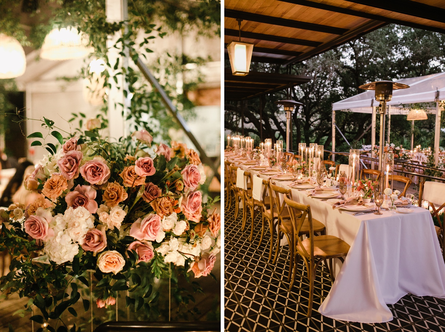 Rattan lanterns, white tablecloths, and peach flowers for an evening dinner reception