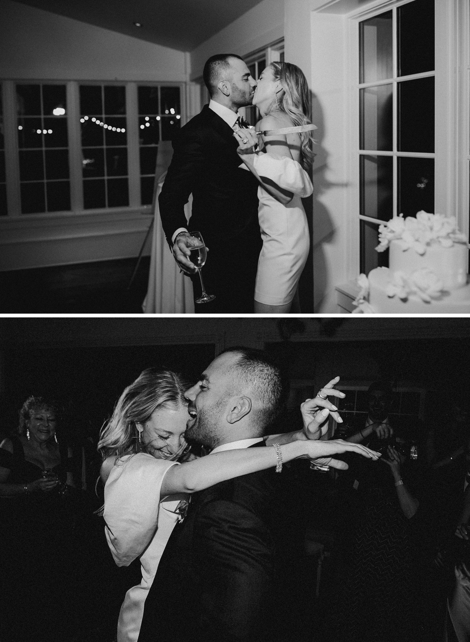 Black and white candid shots from a laidback wedding reception
