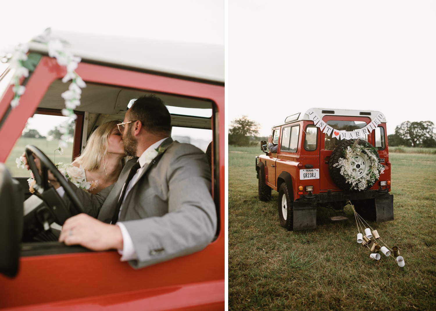 Wedding Jeep decorated with flowers and a 'Just Married' sign