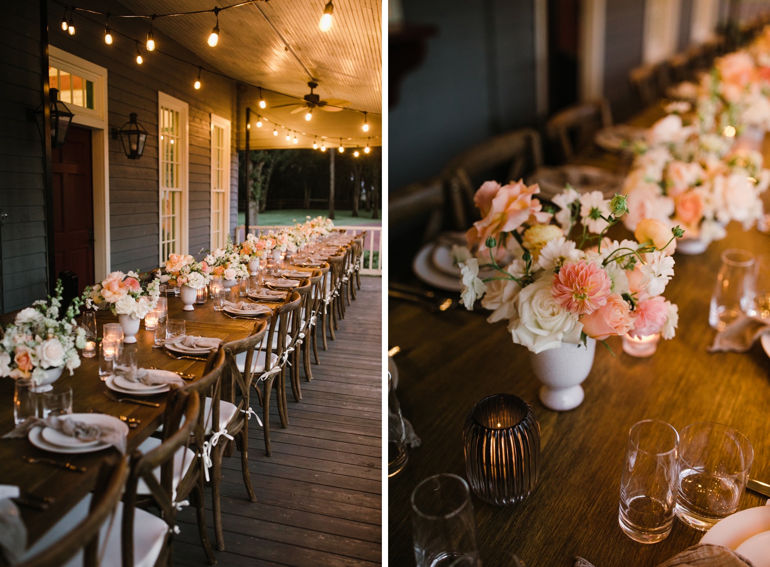 Cafe lights and pink and white flowers for an outdoor sunset wedding reception