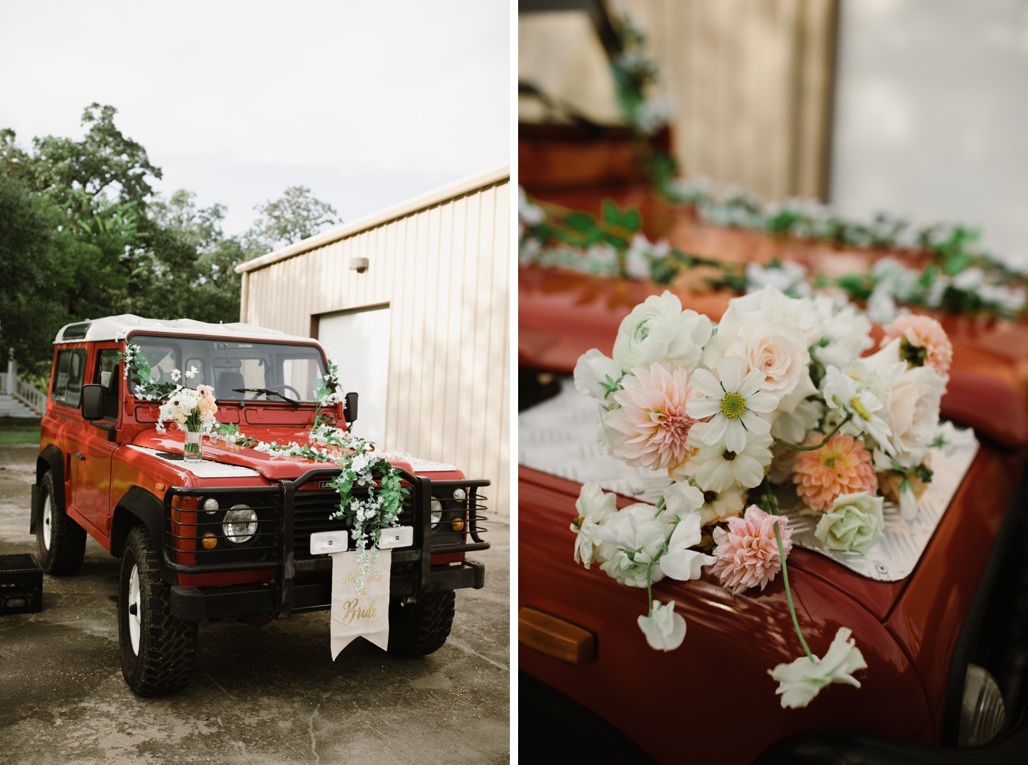 Wedding Jeep decorated with flowers and a 'Just Married' sign