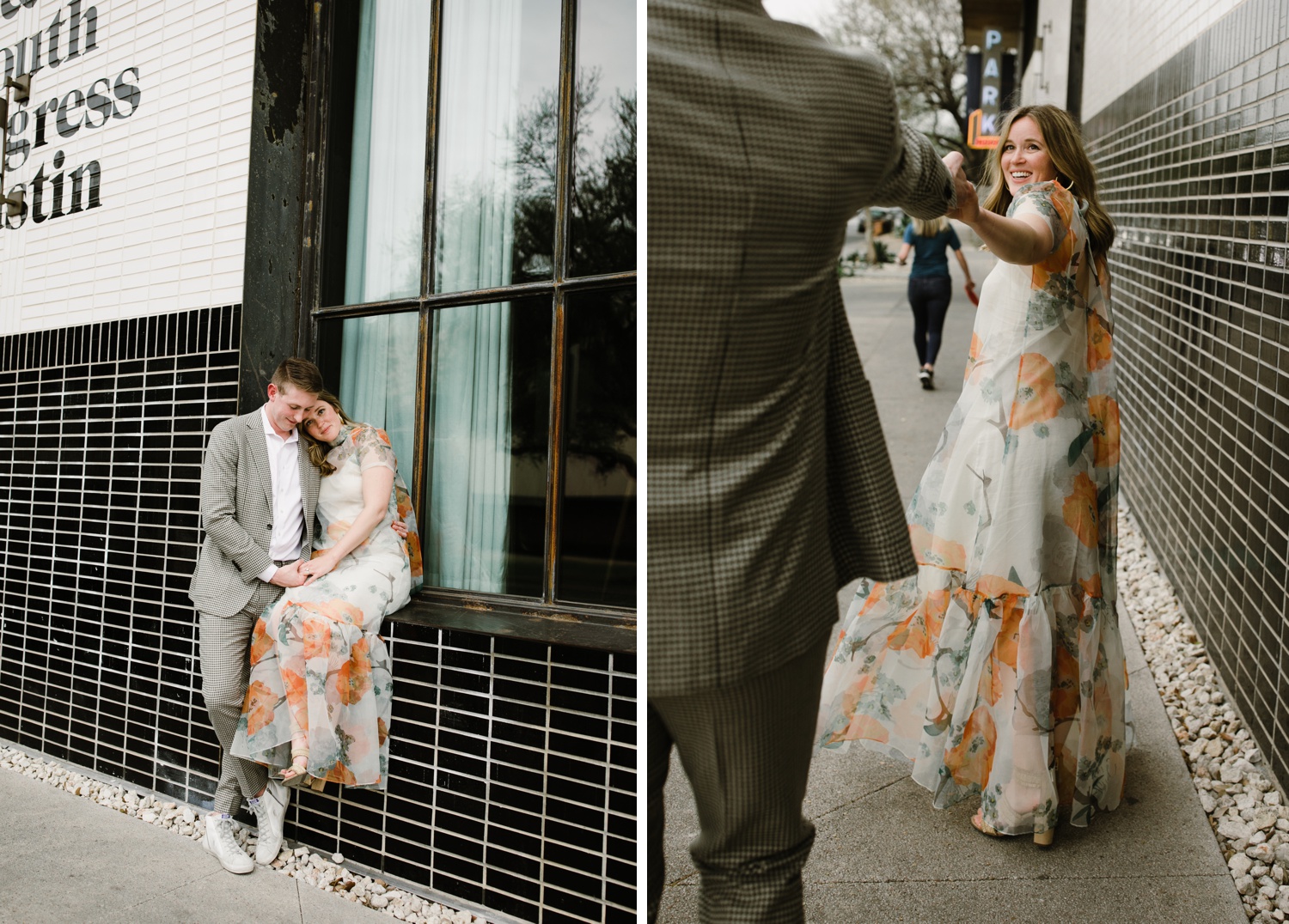 Bride in an aqua and coral maxi dress for her engagement session at South Congress Hotel