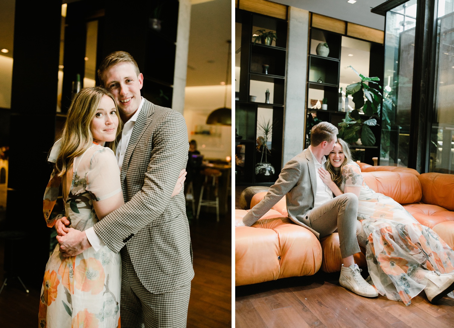 Couple posing for their engagement session at South Congress Hotel