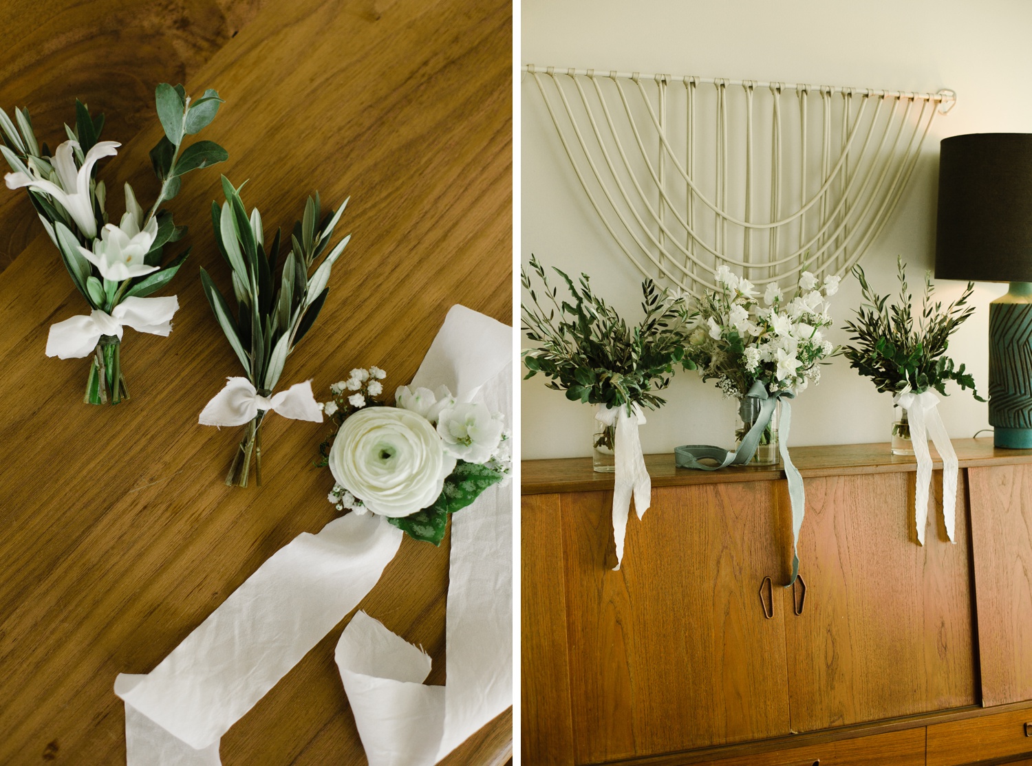White and forest green details for a winter wedding at South Congress Hotel