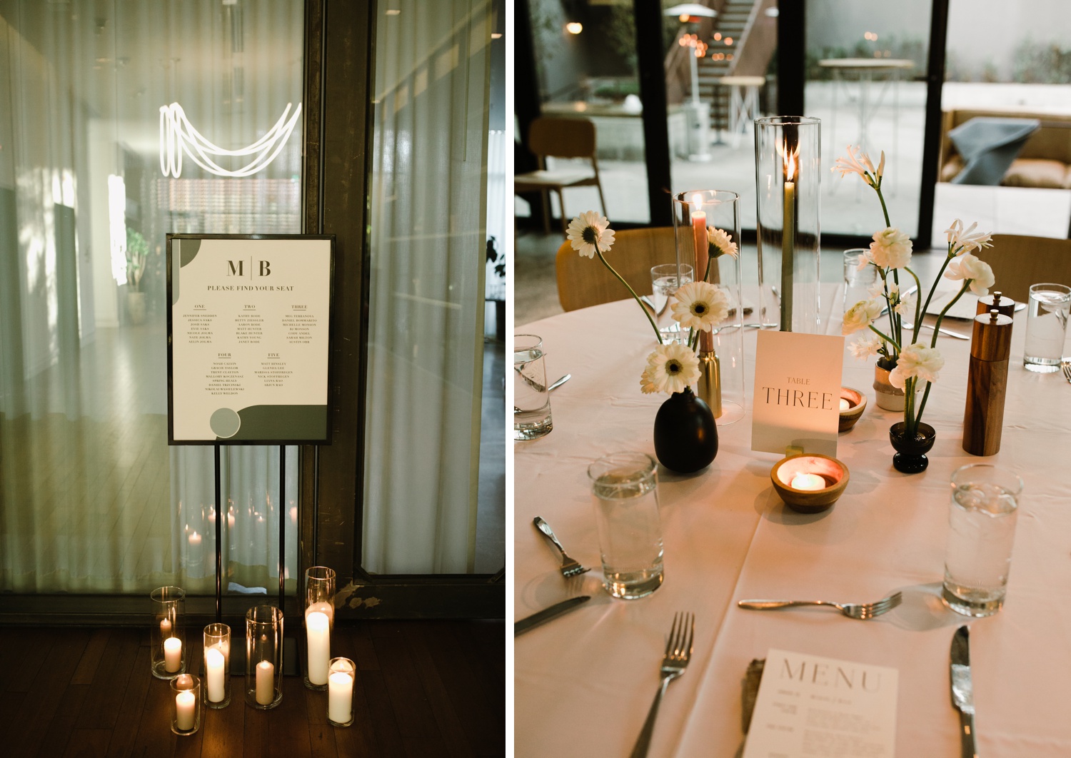 White linens, anemone flowers, and tealight candles for a winter wedding reception
