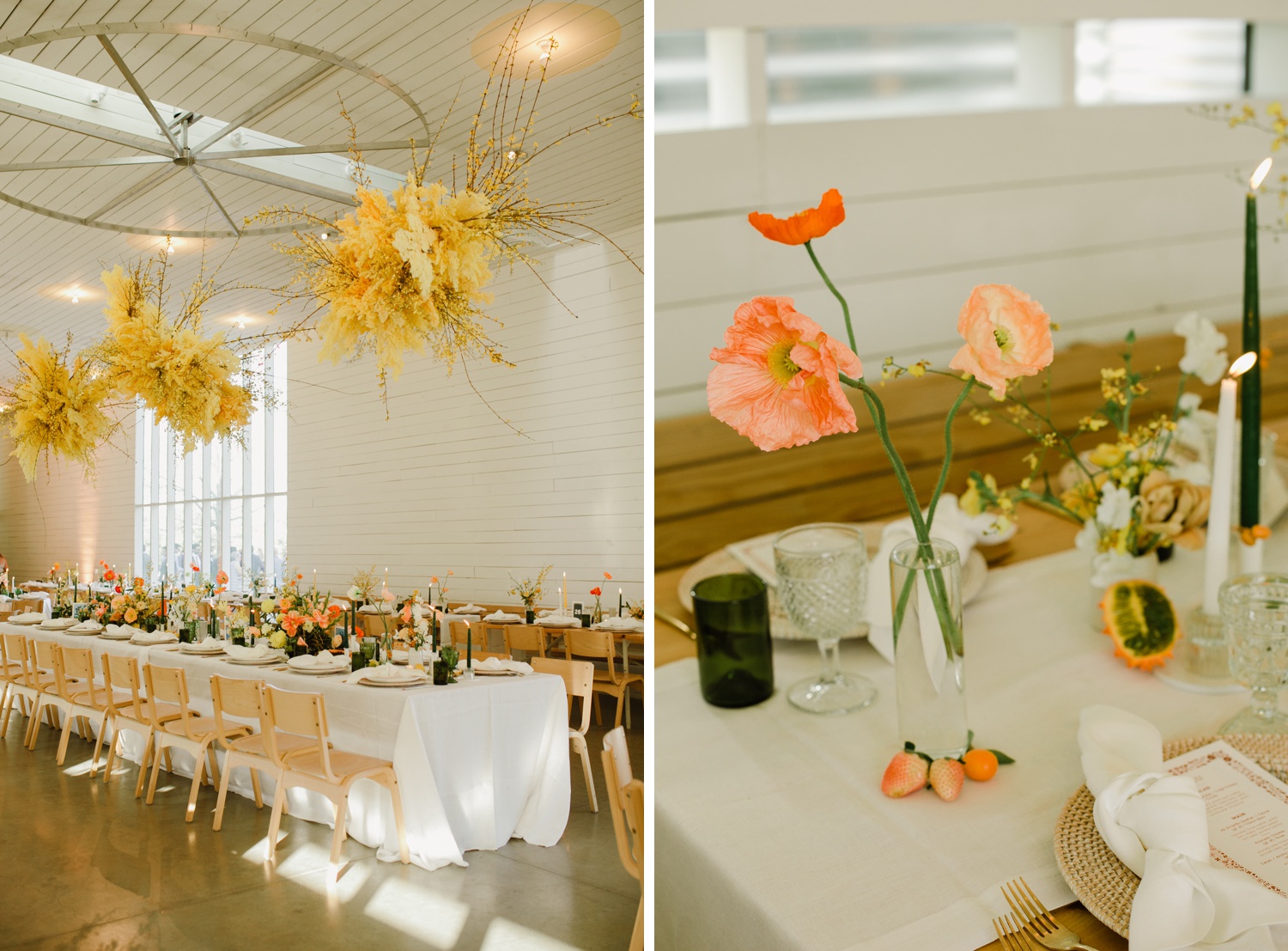 Pink, orange, and yellow floral arrangements, colorful taper candles, and rattan chargers for a spring indoor wedding reception