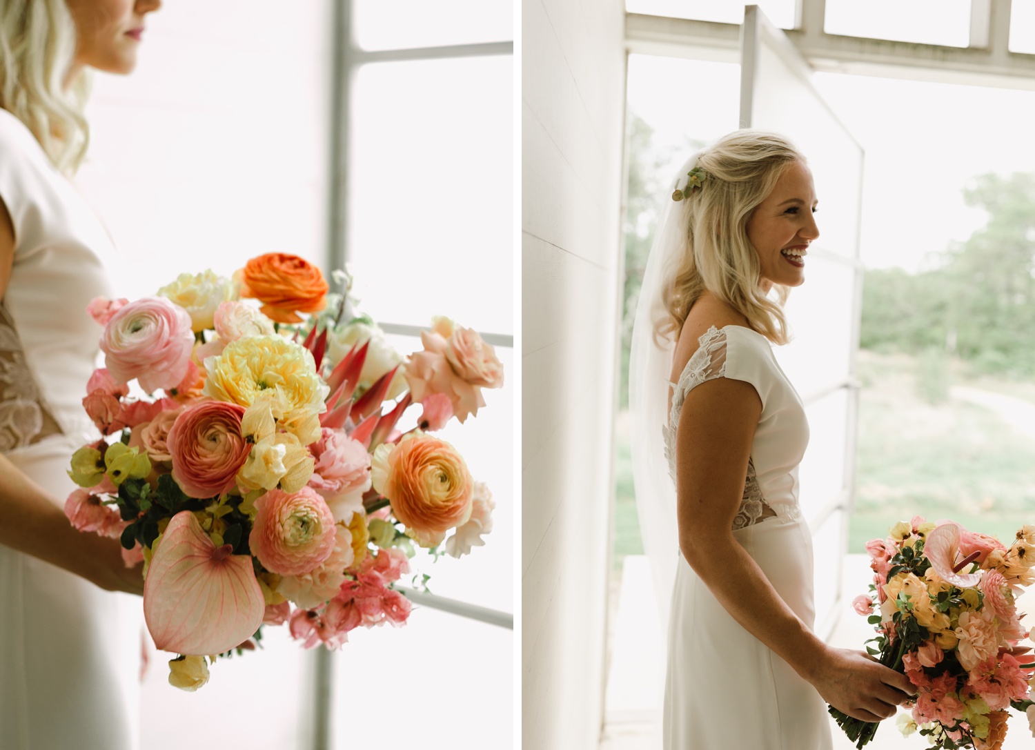 Bridal bouquet filled with roses, peonies, and pink anthurium by Remi and Gold
