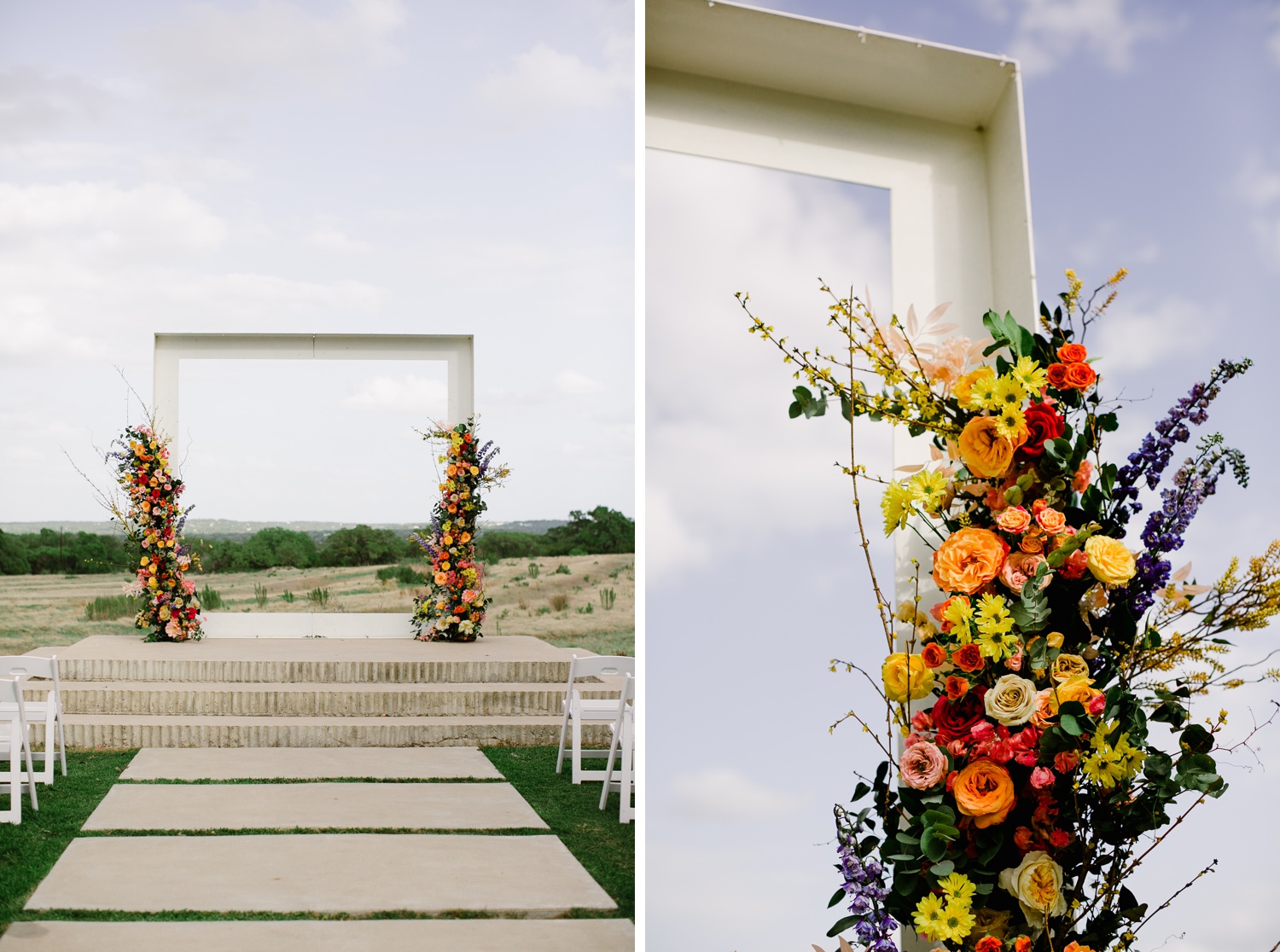 Square archway with orange, yellow, and purple florals for an outdoor wedding ceremony