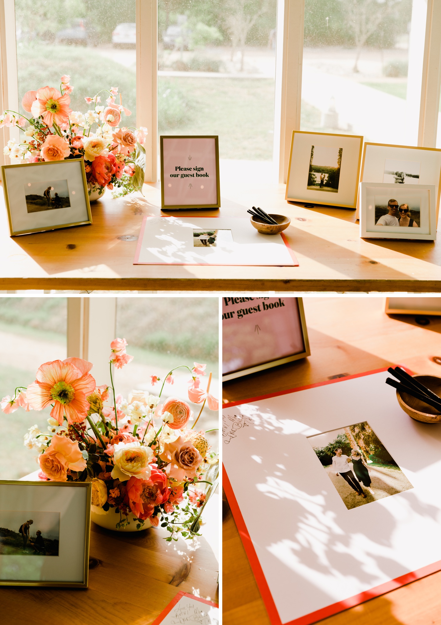 Guest book table with peach florals and framed photos of the bride and groom