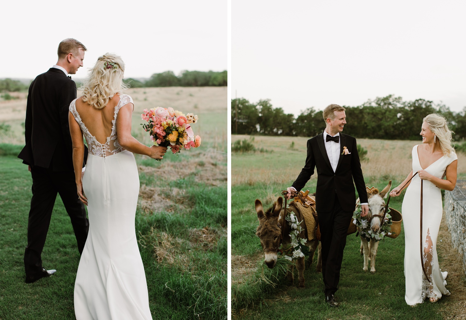 Beer burros at a Texas wedding with floral wreaths around their necks
