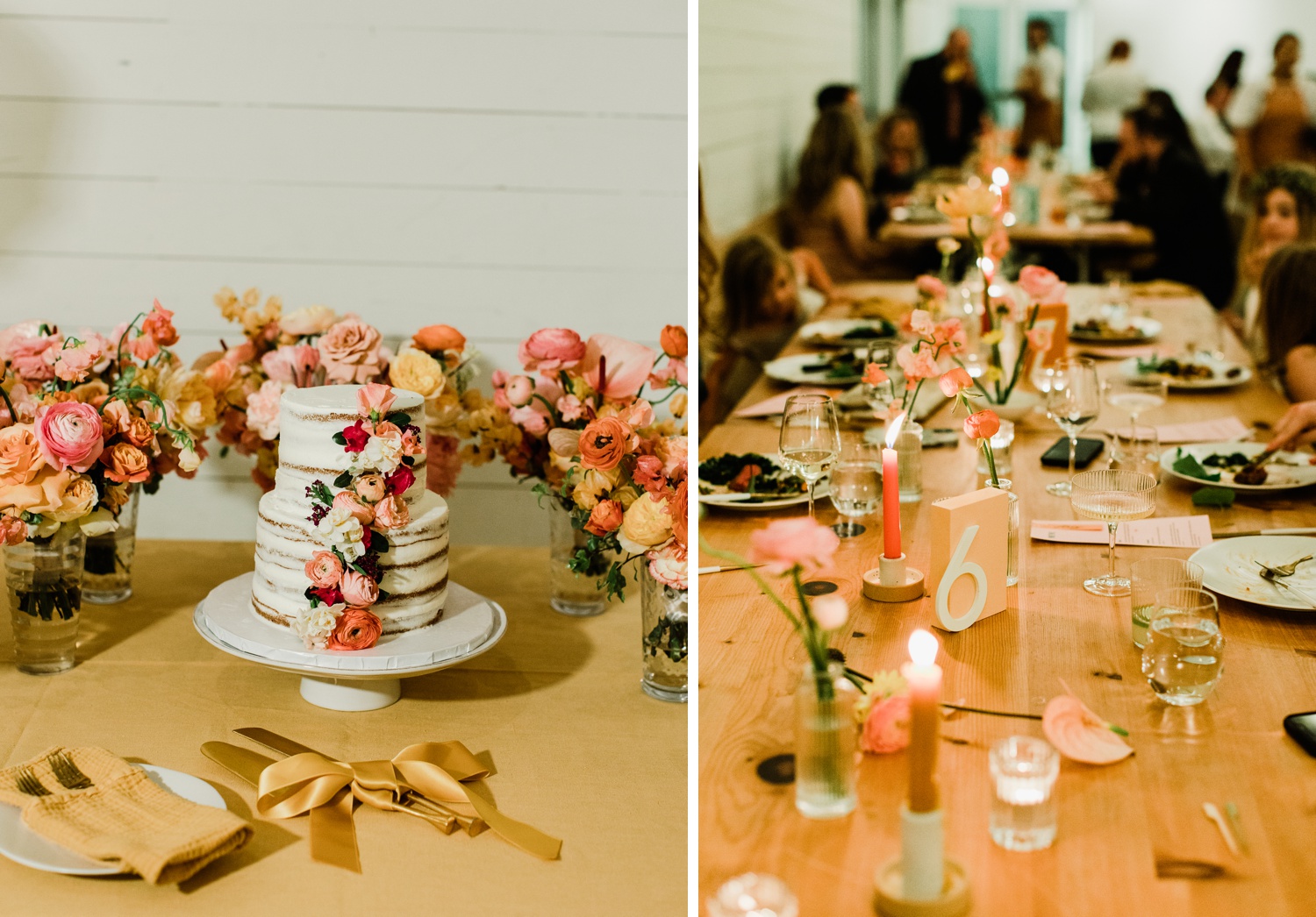 Yellow gauze napkins, pink and orange floral centerpieces, and taper candles for a wedding reception