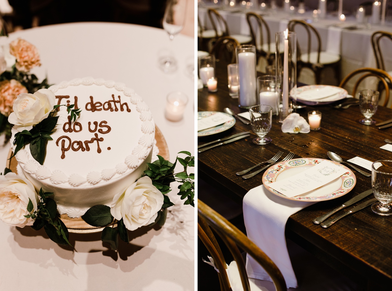 "Til death do us part" wedding cake with white roses