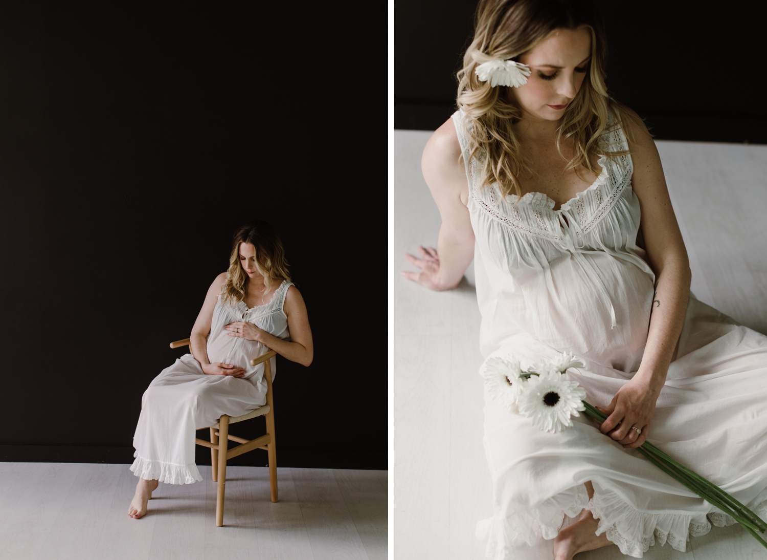 Expectant mom wearing the Doen Alessia Nightgown for a maternity session