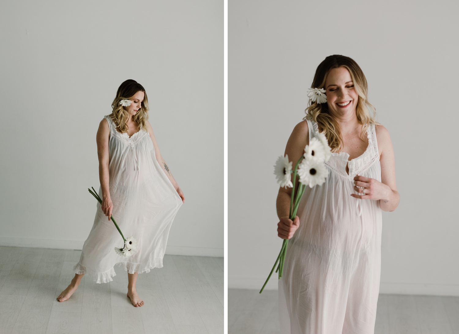 Expectant mom wearing the Doen Alessia Nightgown for a maternity session
