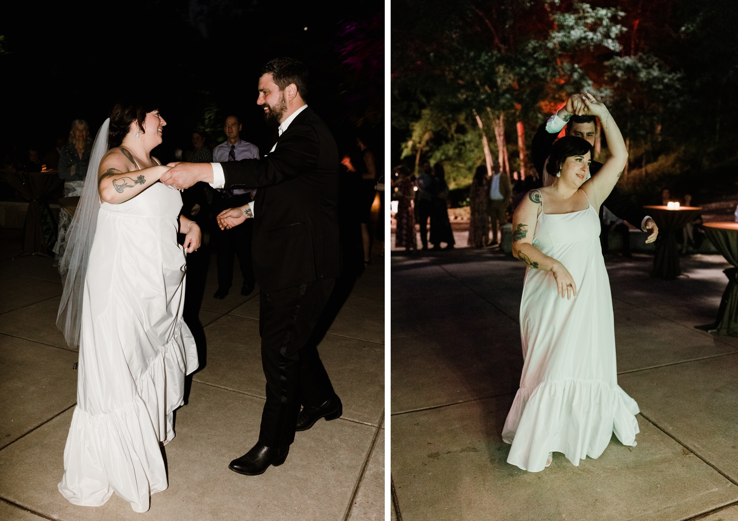 Bride and groom dancing outside at their wedding reception at UMLAUF Sculpture Garden