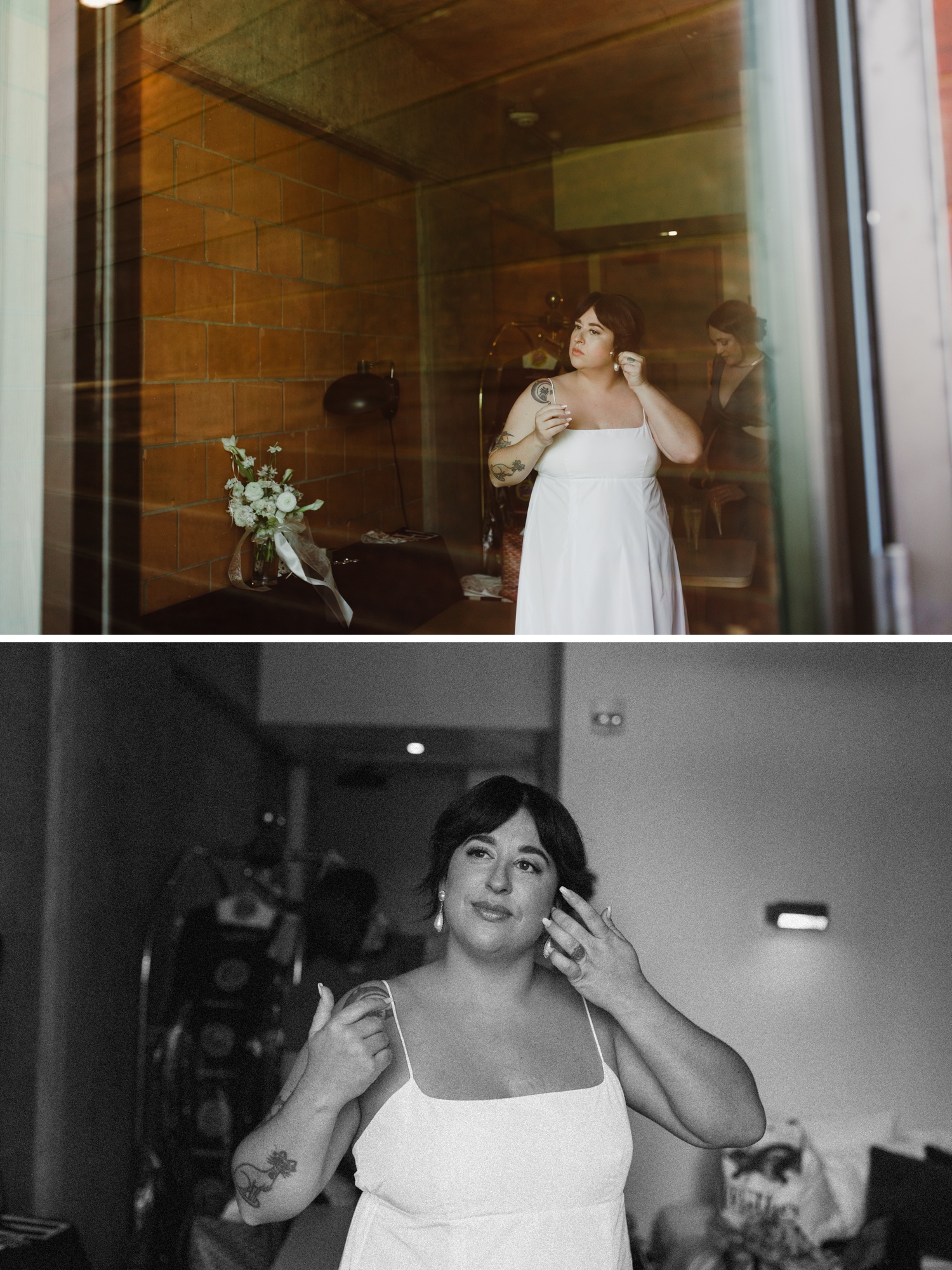 Bride getting ready for her wedding at Carpenter Hotel in Austin