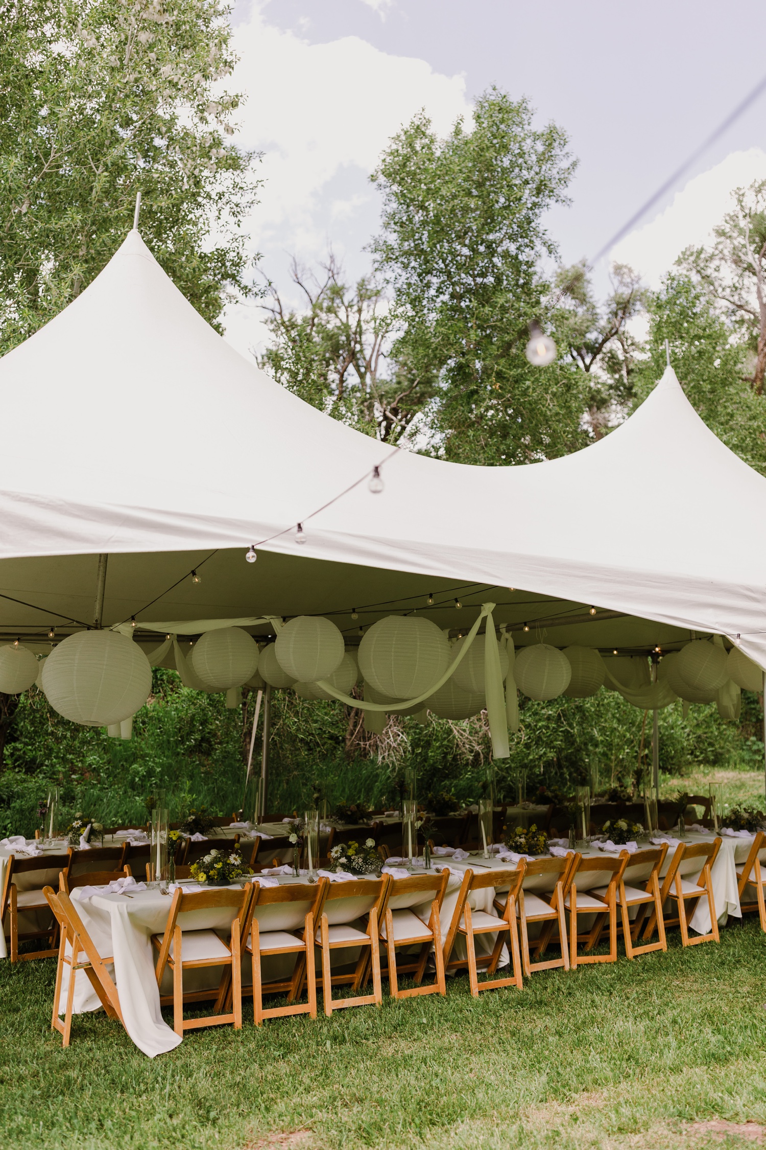 Reception tent with white paper lanterns and bistro lights