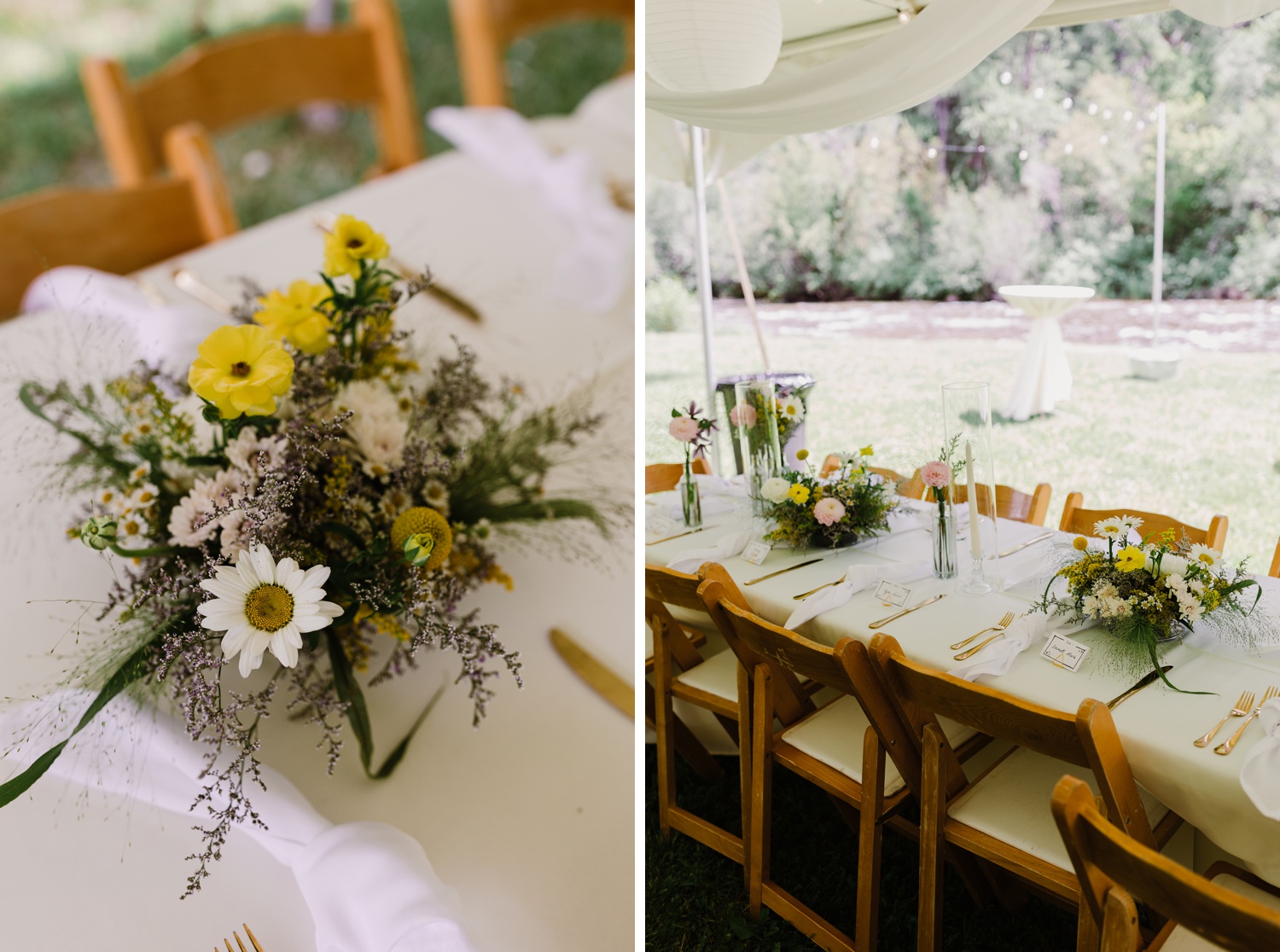 Wildflower wedding centerpiece filled with daisies, yellow cosmos, and lavender