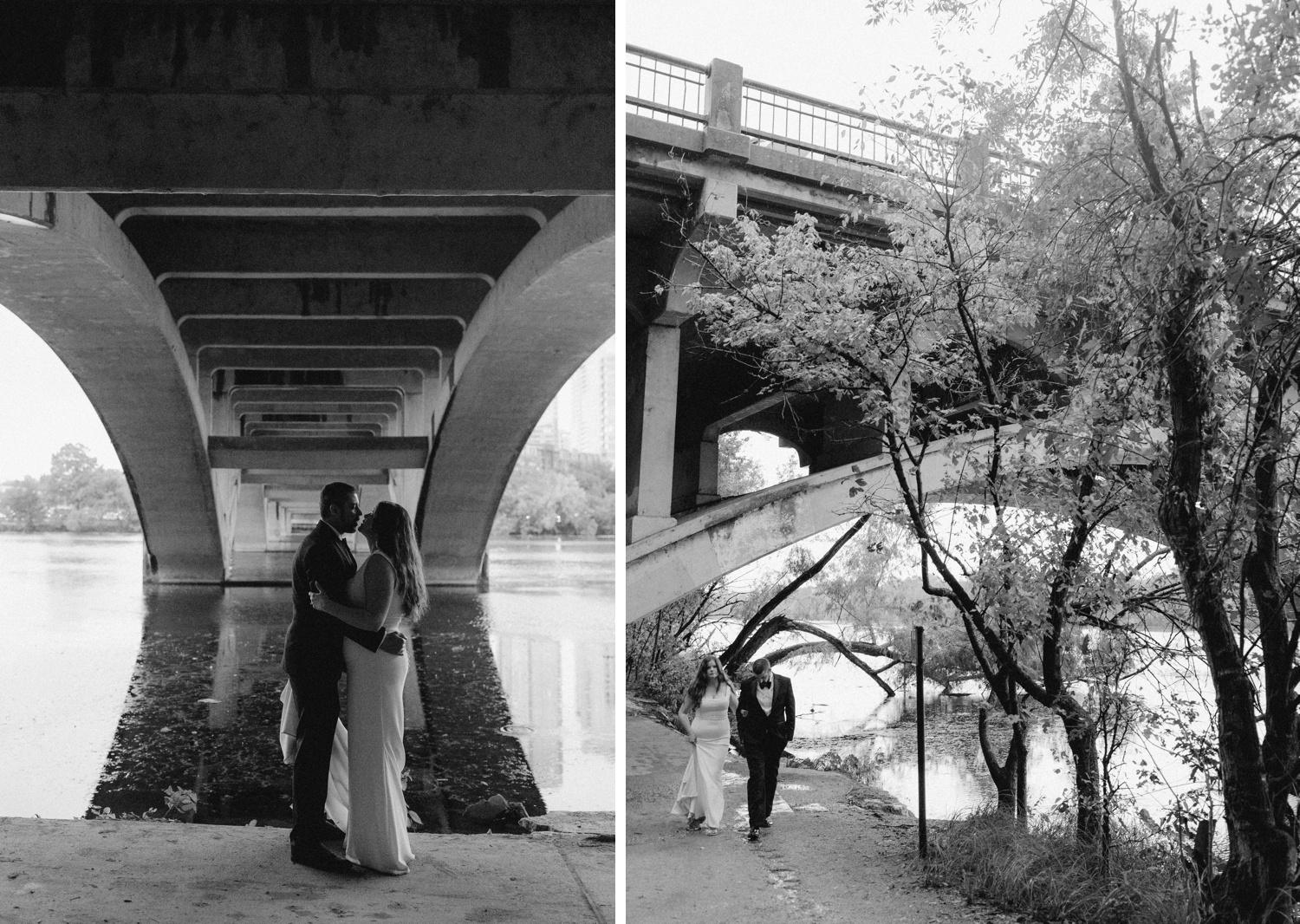 Black and white film bridal portraits under Pfluger Pedestrian Bridge in Austin