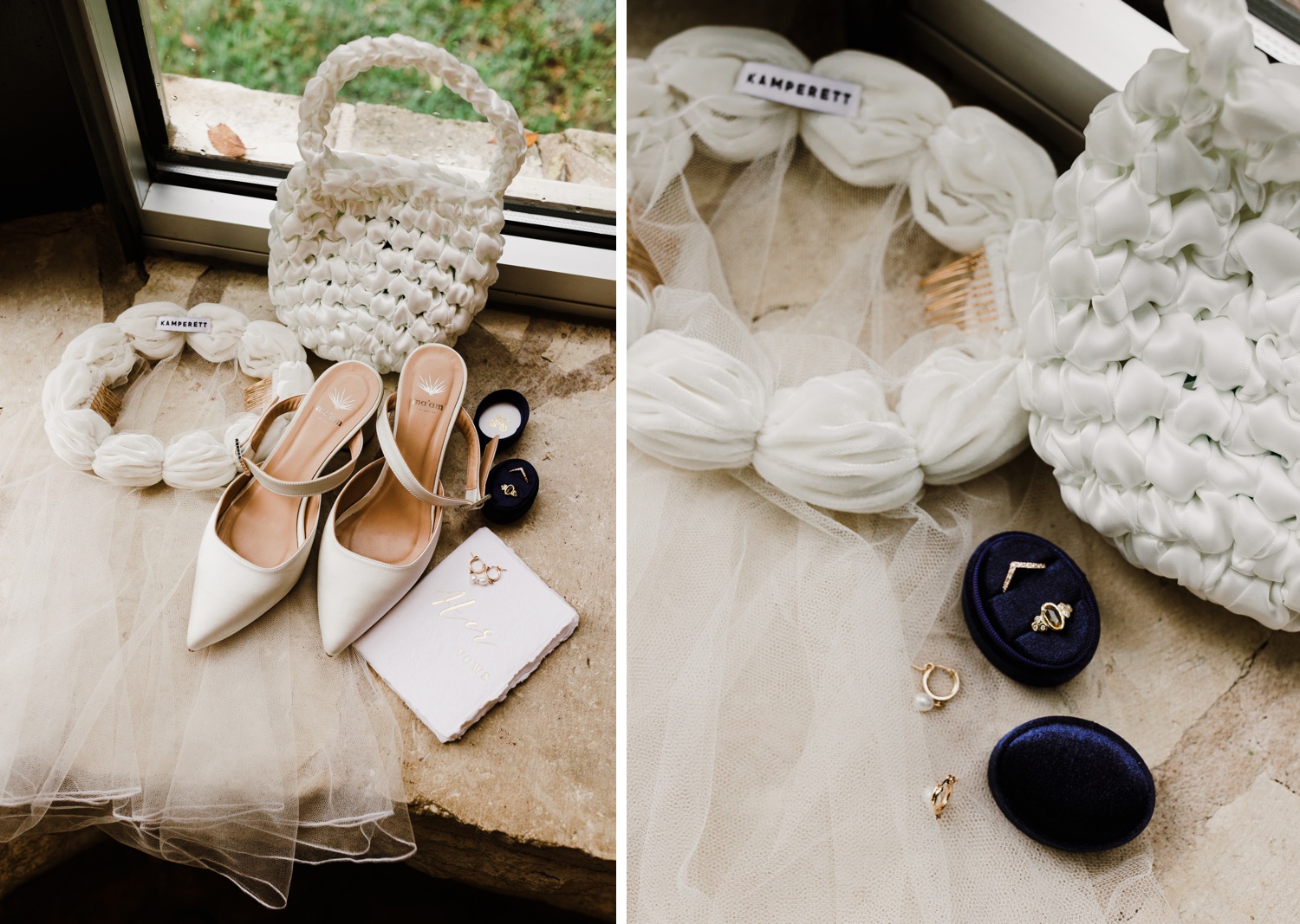Bridal accessories flatlay with the Ma'am Shoes Ruth Heel and KAMPERETT Velvet Crown
