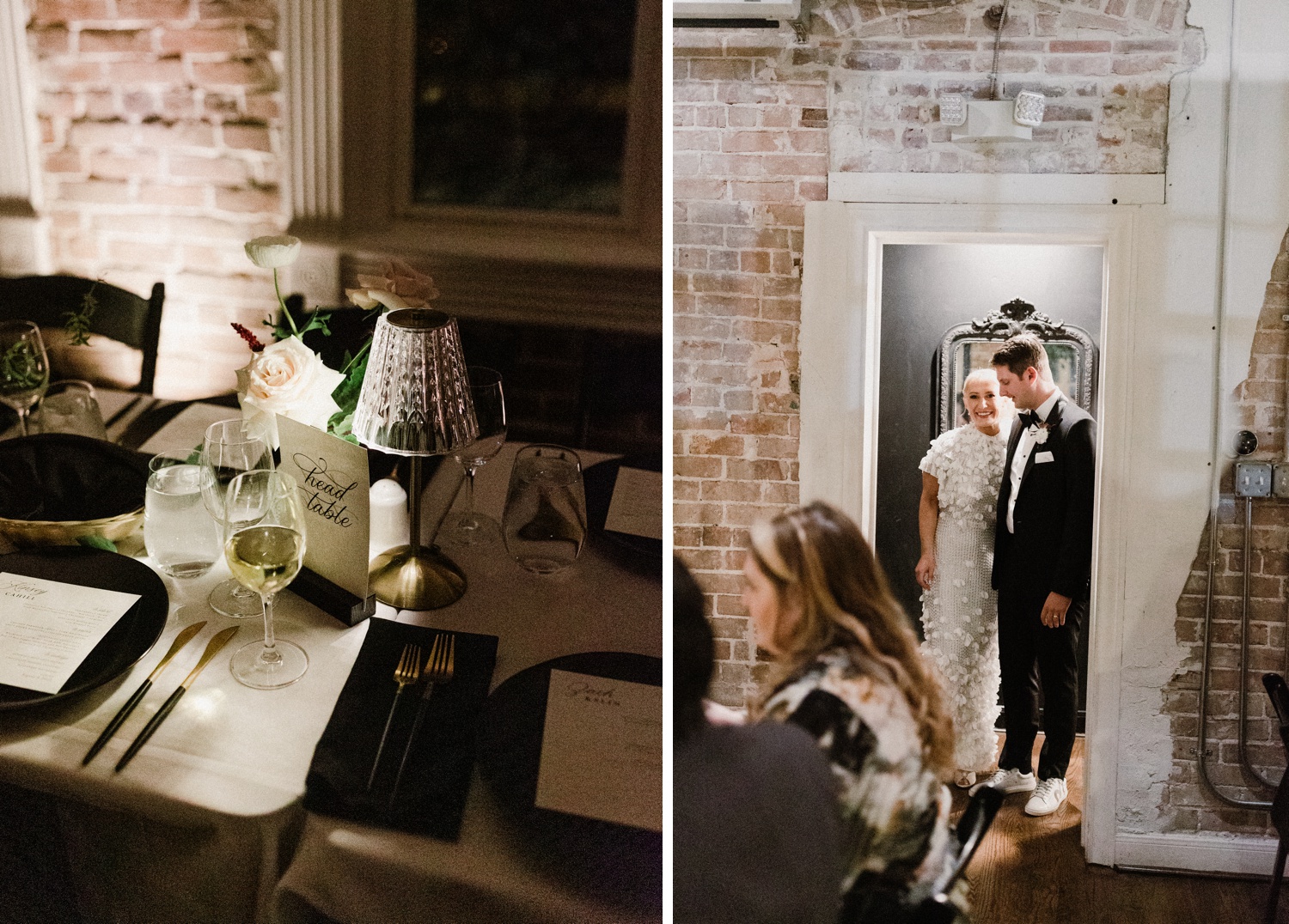 Winter wedding reception with black linens, gold cutlery, and vintage table lamps