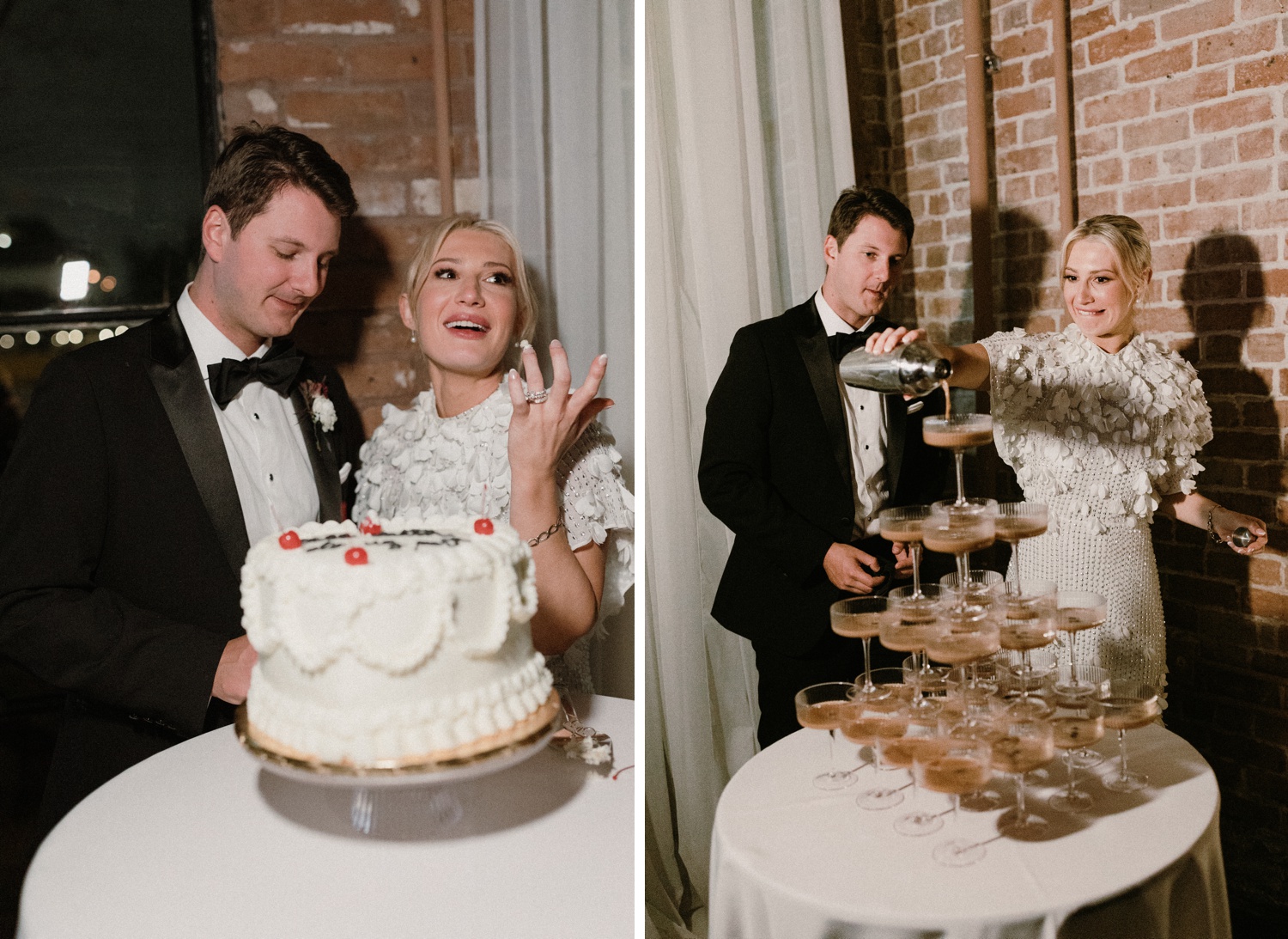Bride and groom pouring into an espresso martini tower at their Houston wedding