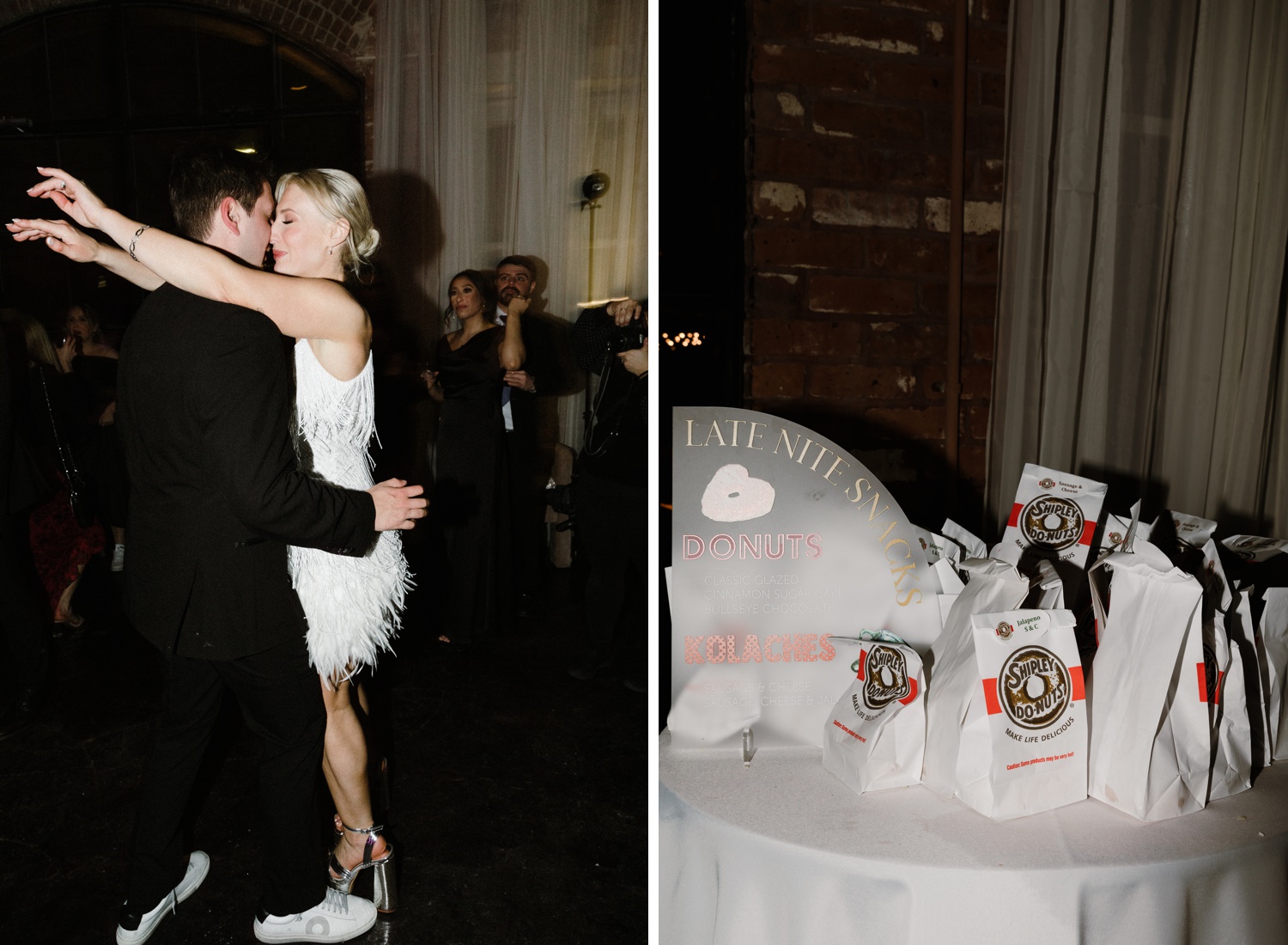 Bride dancing at her wedding in a white fringe mini dress and silver sequin Vans