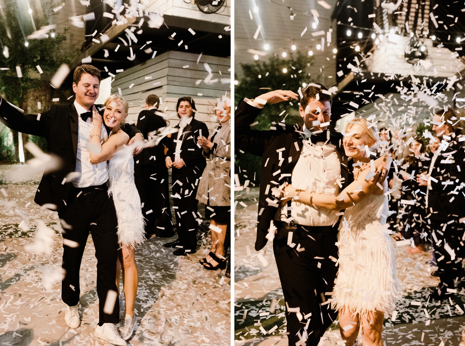 Guests throwing confetti on the bride and groom for their wedding send-off