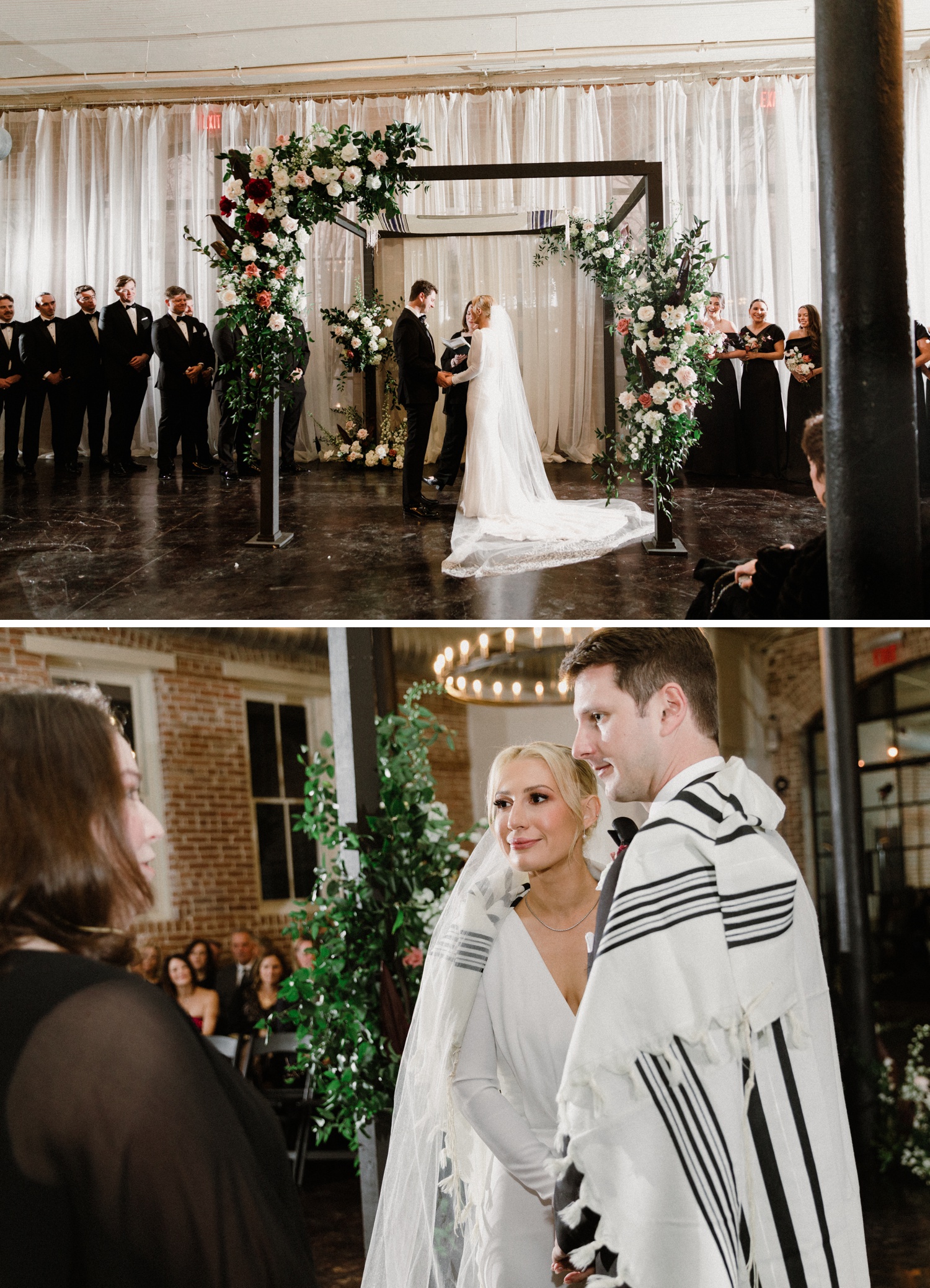 Bride and groom wearing a prayer shawl at a Jewish wedding ceremony in Houston