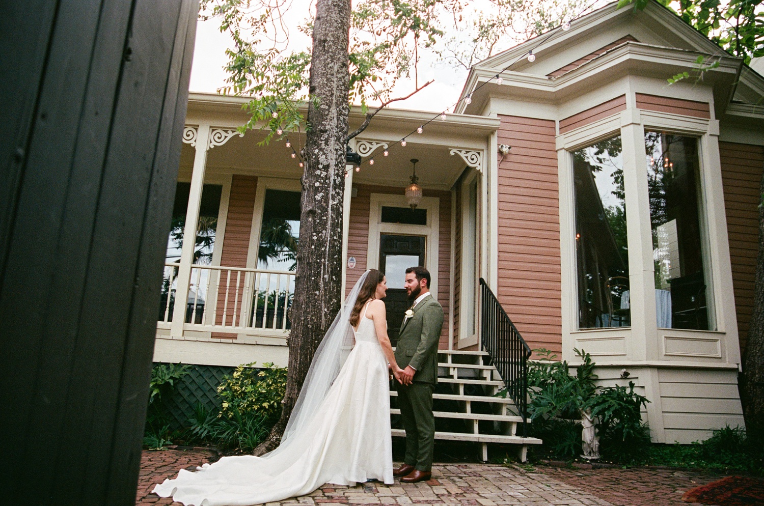 First look with the bride and groom at Justine's Secret House