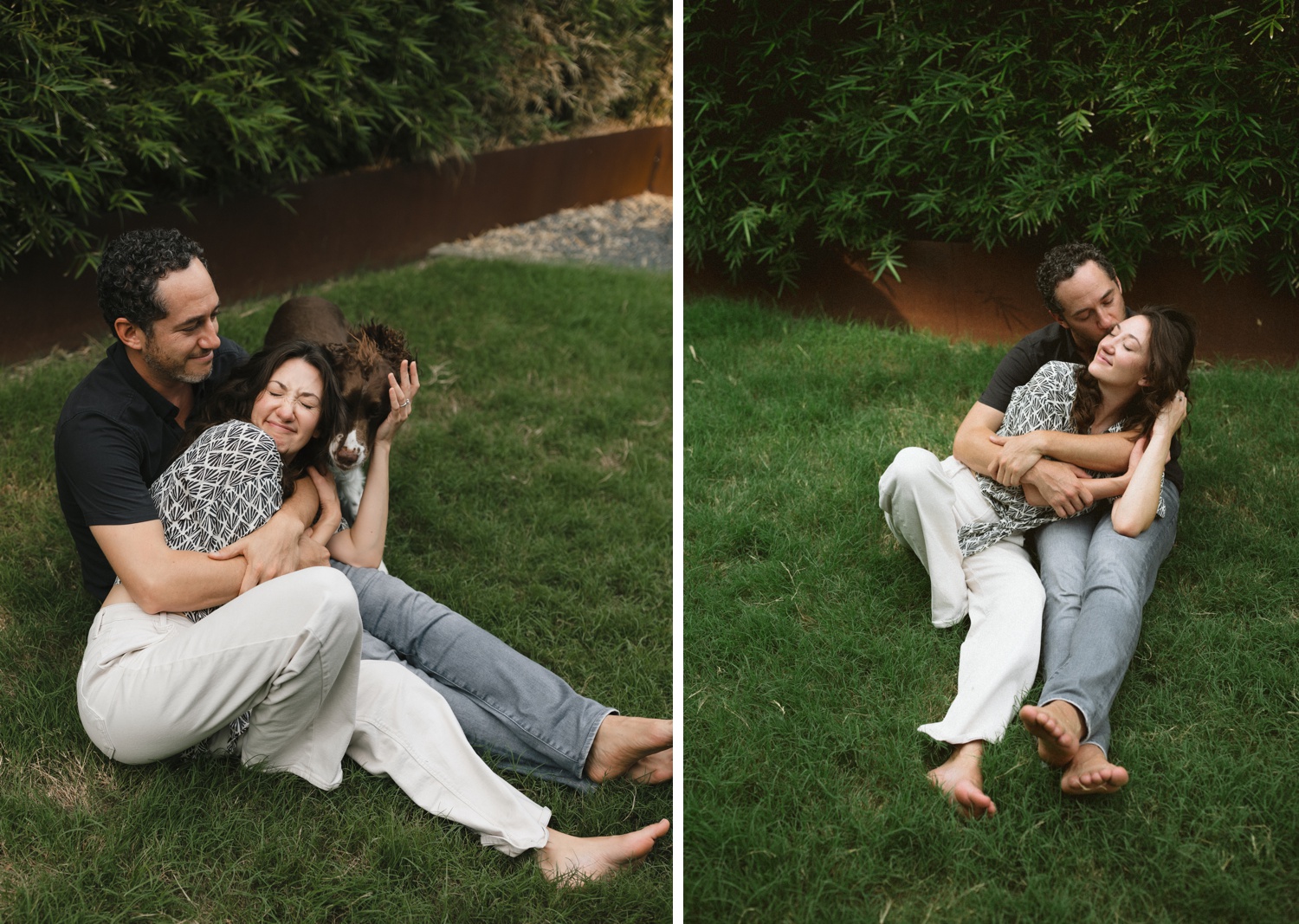 Couple posing with their dog for their Austin engagement session