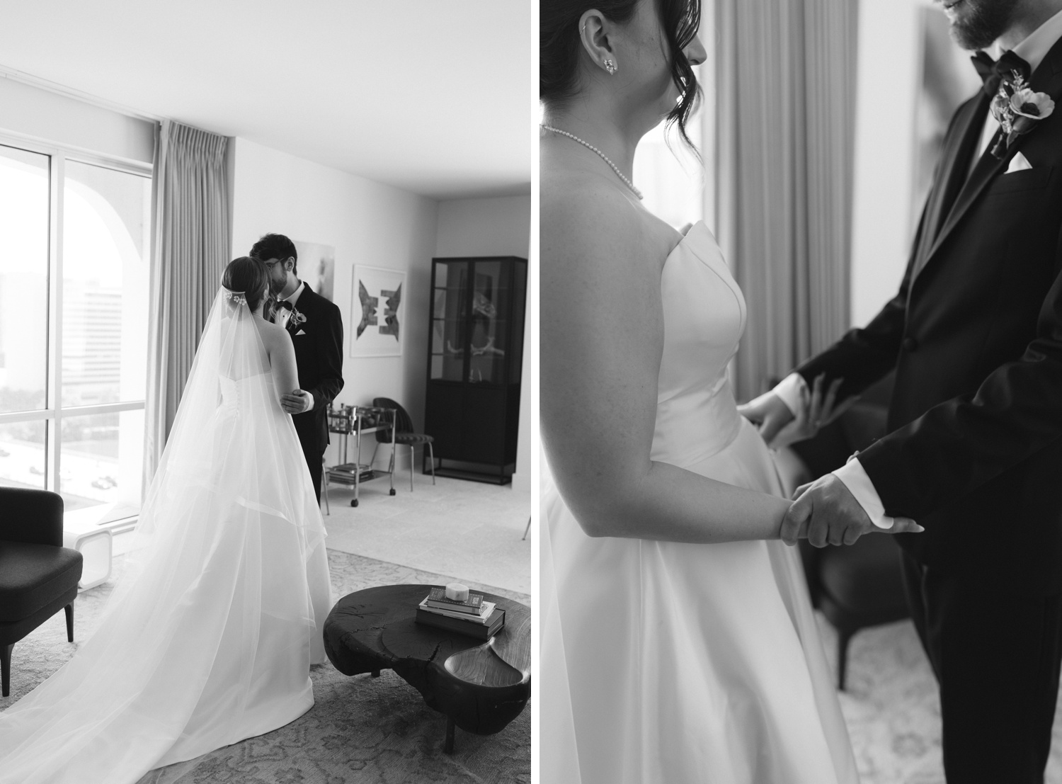 Wedding first look inside a suite at the LINE Hotel in Austin