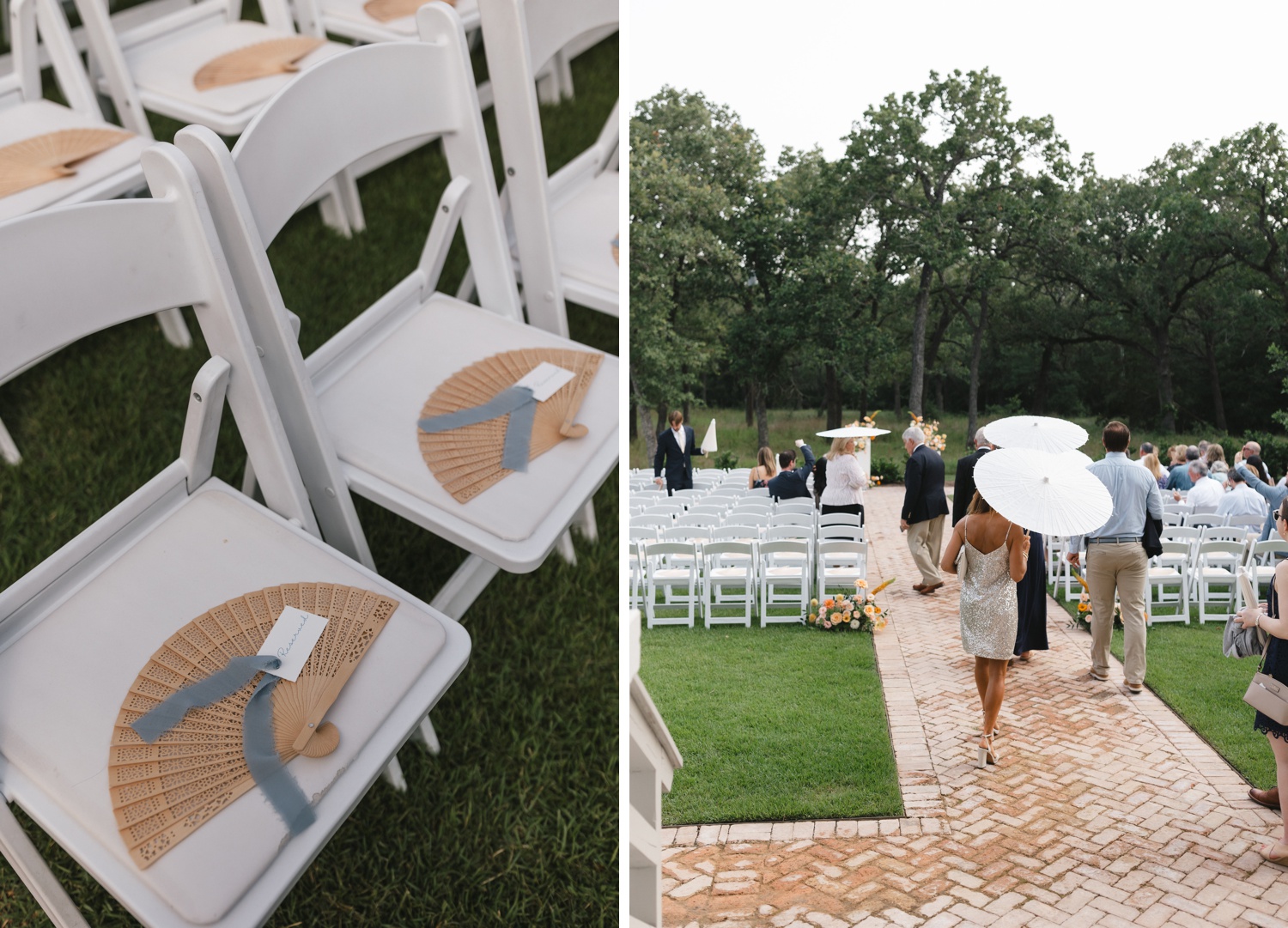 Wooden fans on chairs at an outdoor wedding ceremony