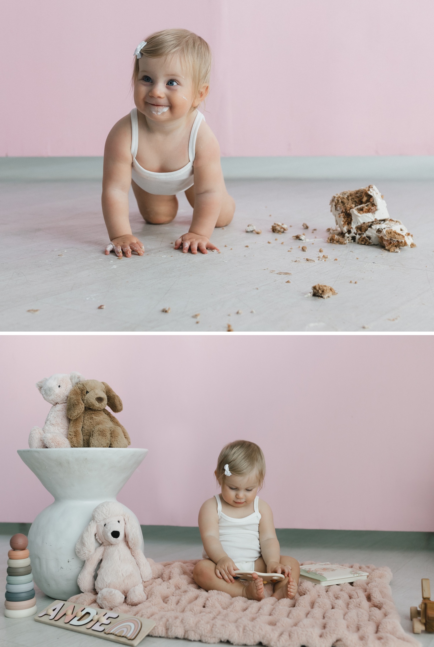 Baby girl with a smash cake for her first birthday photo session