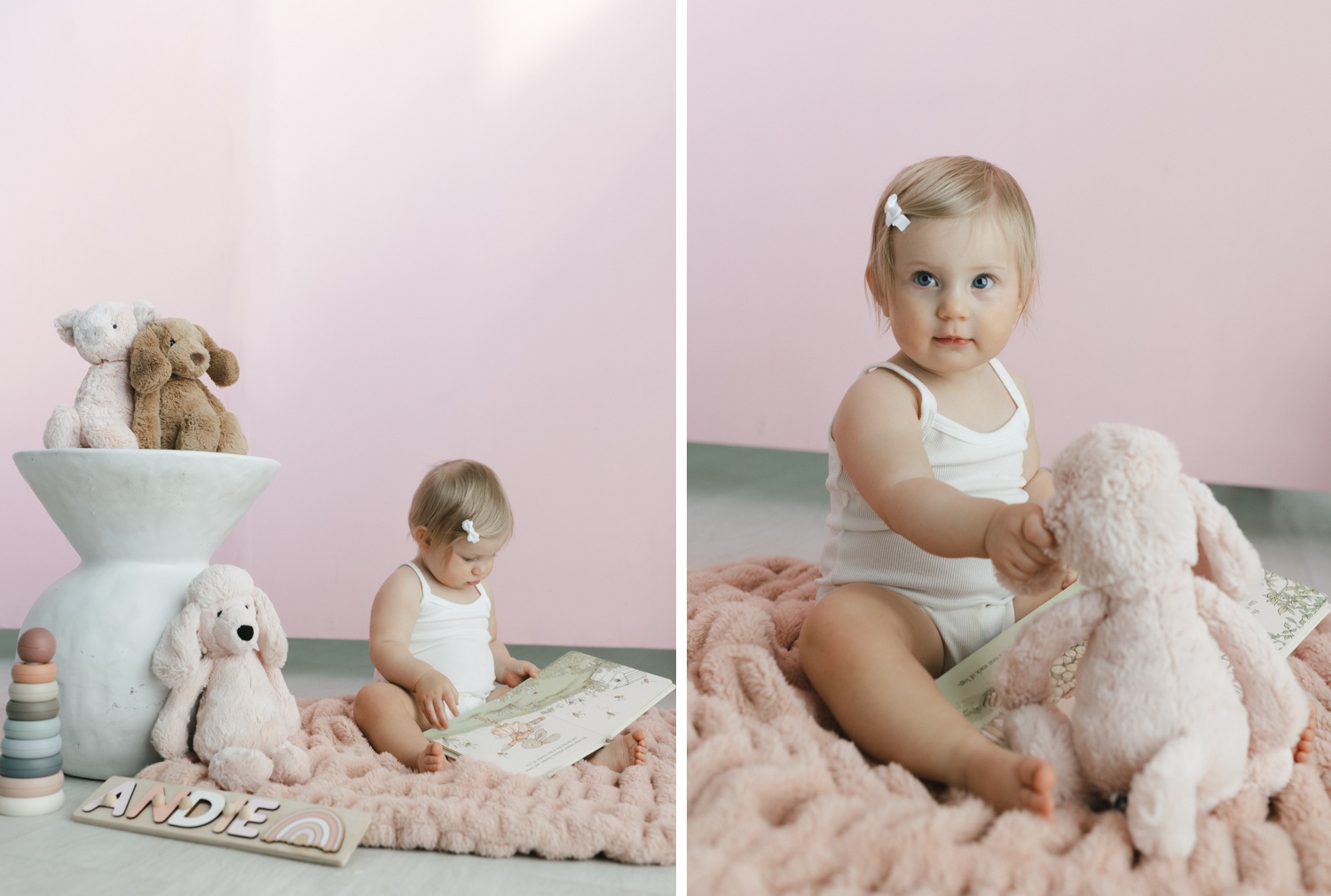 Baby girl with her favorite toys for her first birthday photo session