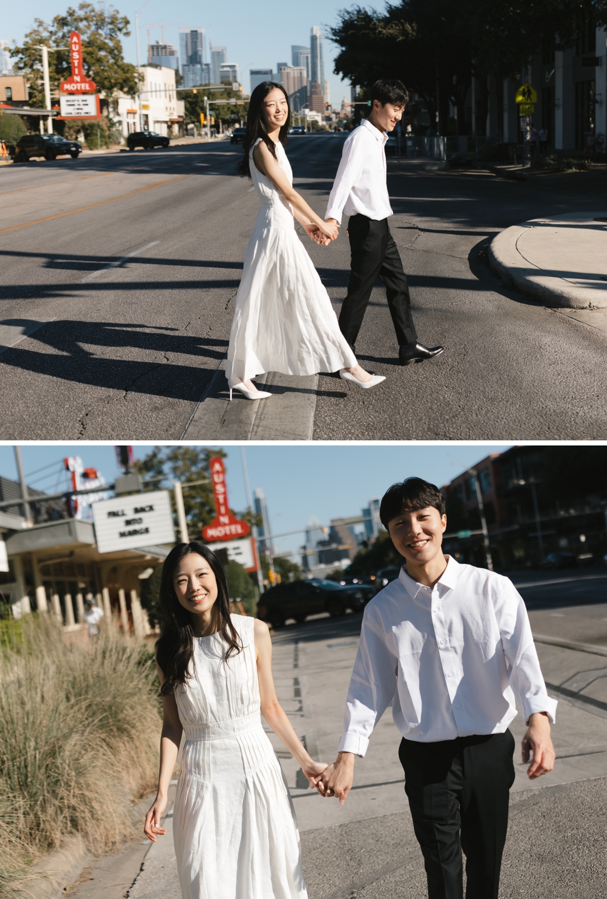 A woman in a white dress and a man in a white button up walking across the street in South Congress