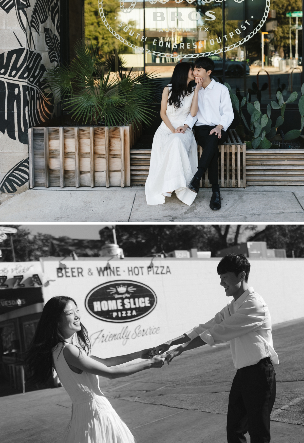 A documentary-style photo of a couple outside of a pizza restaurant in South Congress