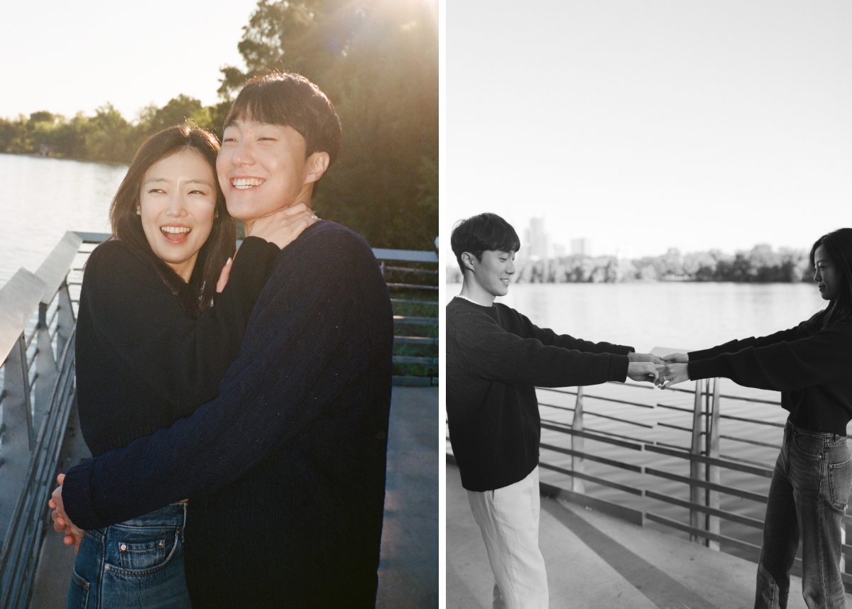 Film engagement photos of a couple at Lady Bird Lake boardwalk