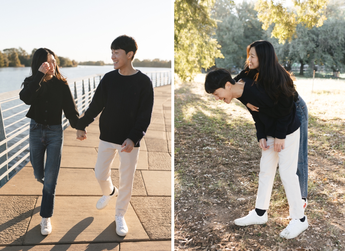 Documentary-style engagement session photos at the Lady Bird Lake boardwalk