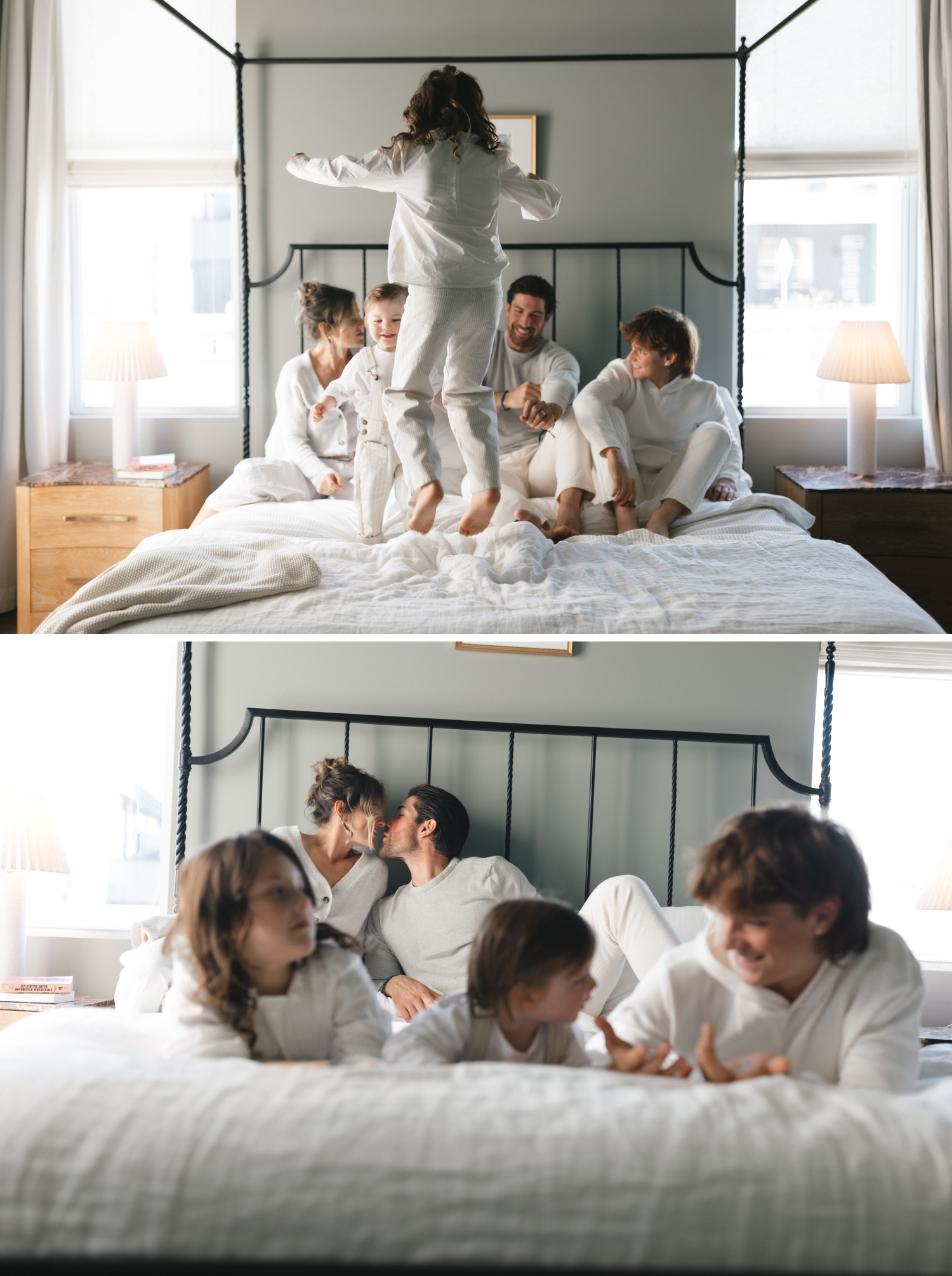 family playing on the bed during their at-home session