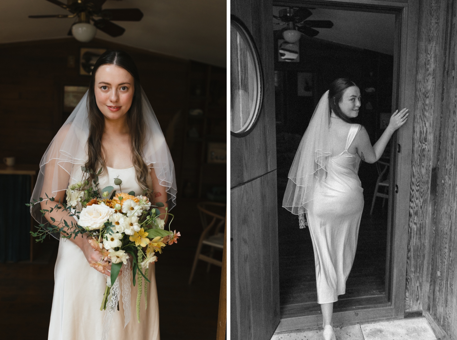 bride in simple white gown from thrift store