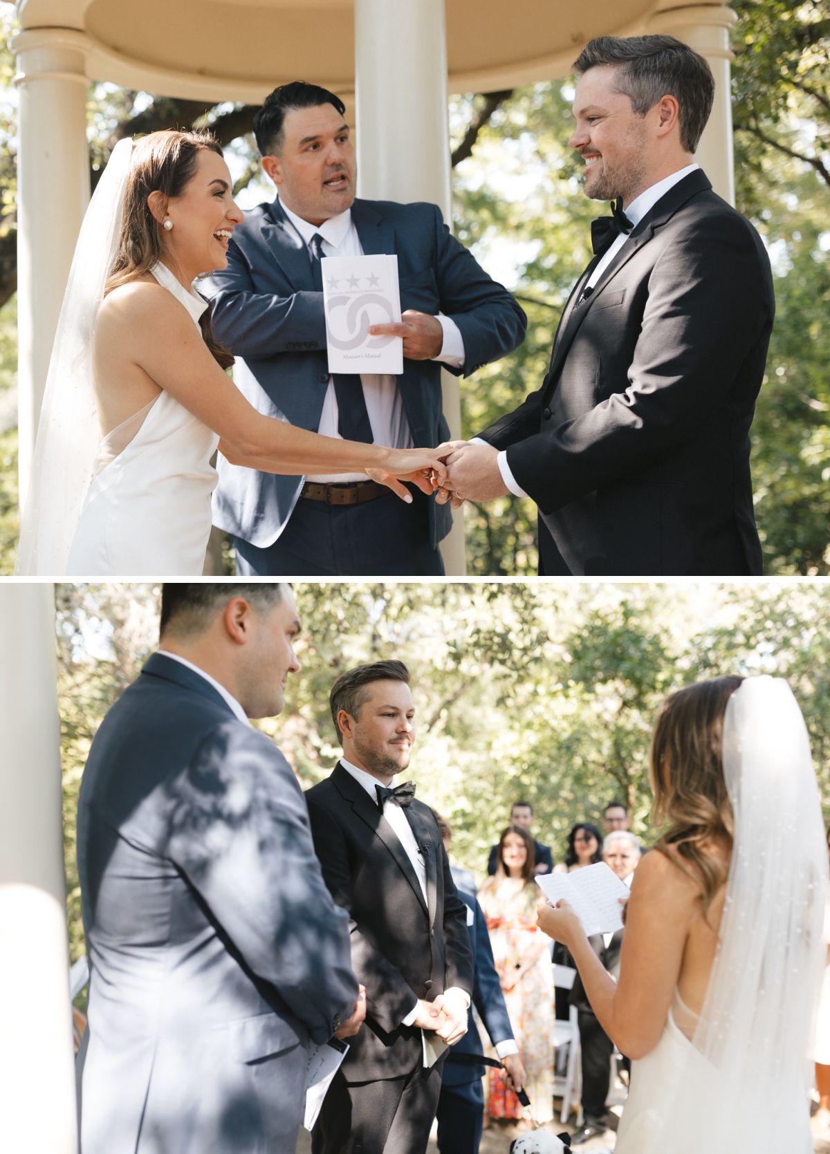 A bride and groom laugh while exchanging vows at Laguna Gloria at The Contemporary Austin