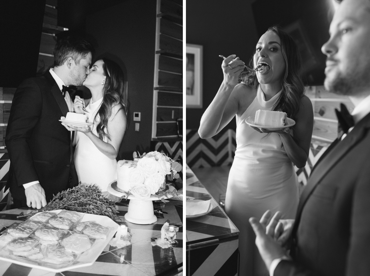 Black and white film photos of the bride and groom cutting their wedding cake 